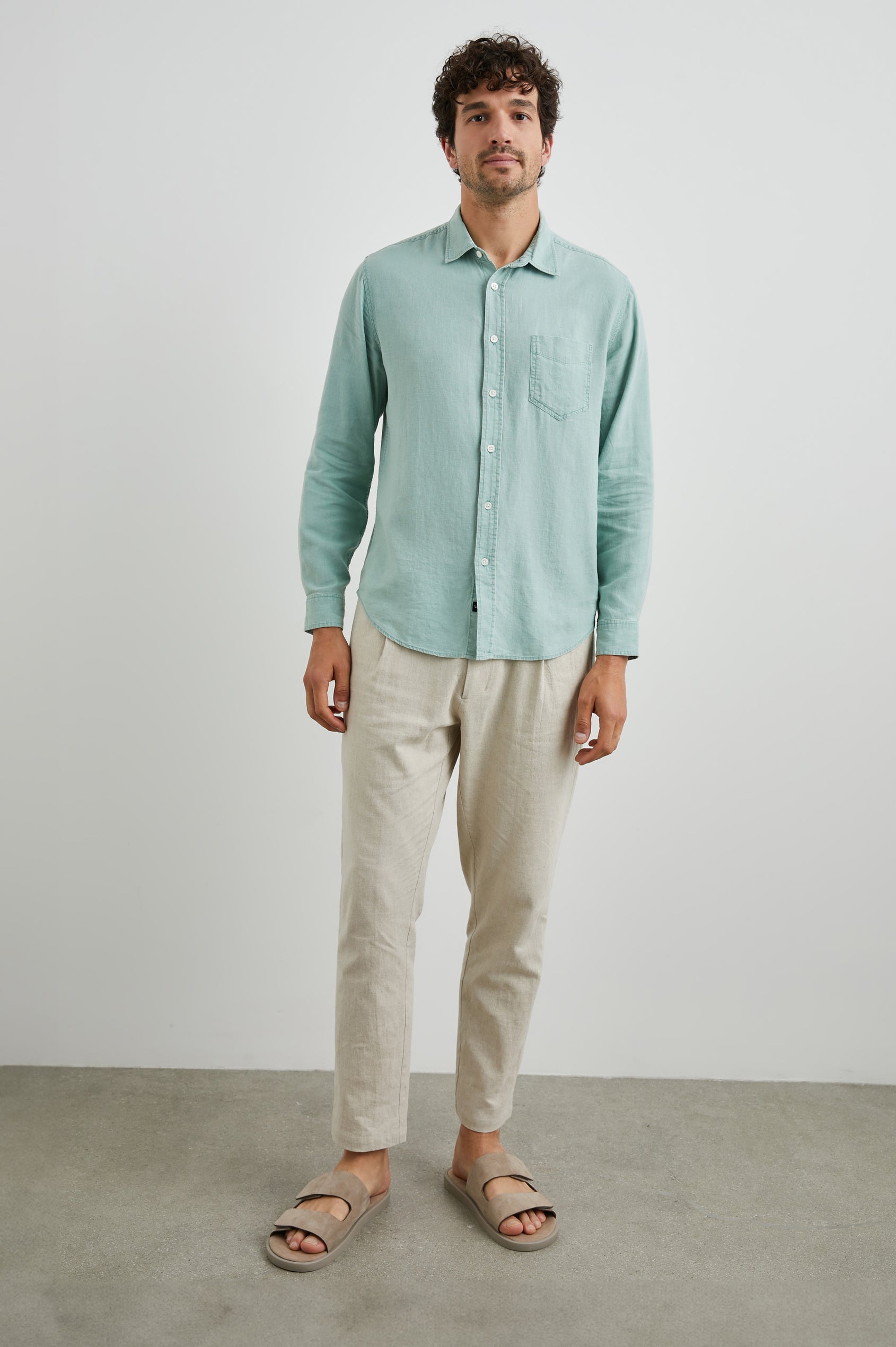 Mykonos Long-Sleeve Button Up with a Patch Pocket in Jade Colorway - Front Full Body View Featured on Model