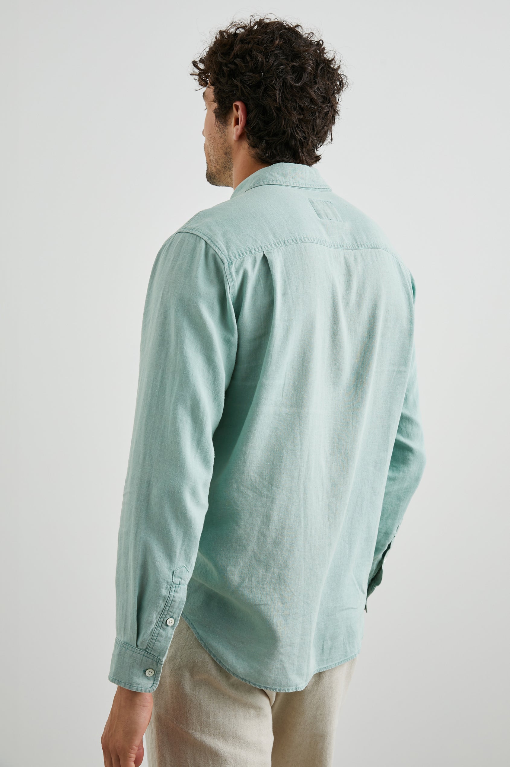 Mykonos Long-Sleeve Button Up with a Patch Pocket in Jade Colorway - Back View Featured on Model