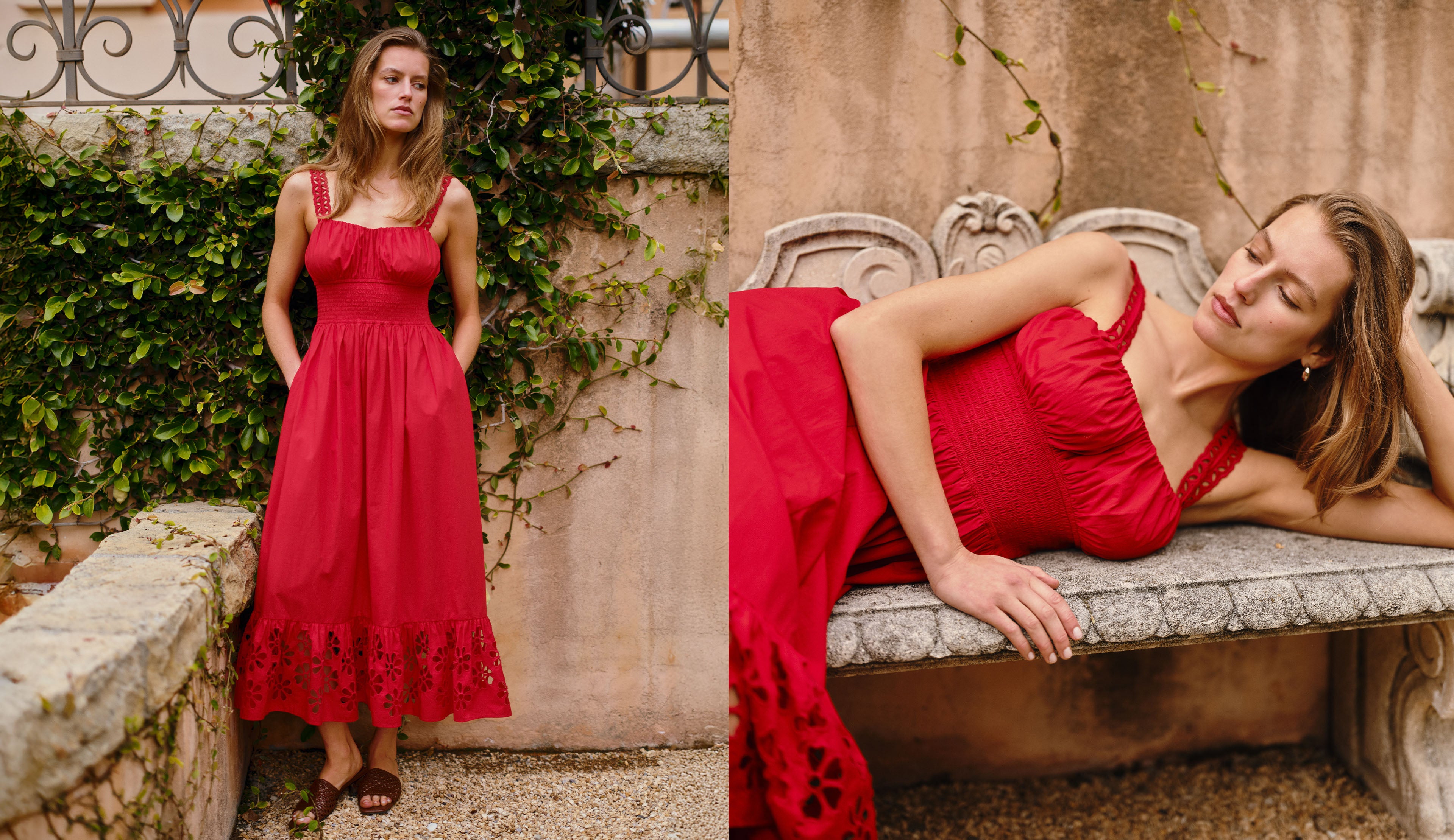 Woman in red maxi dress with detailing at the bottom