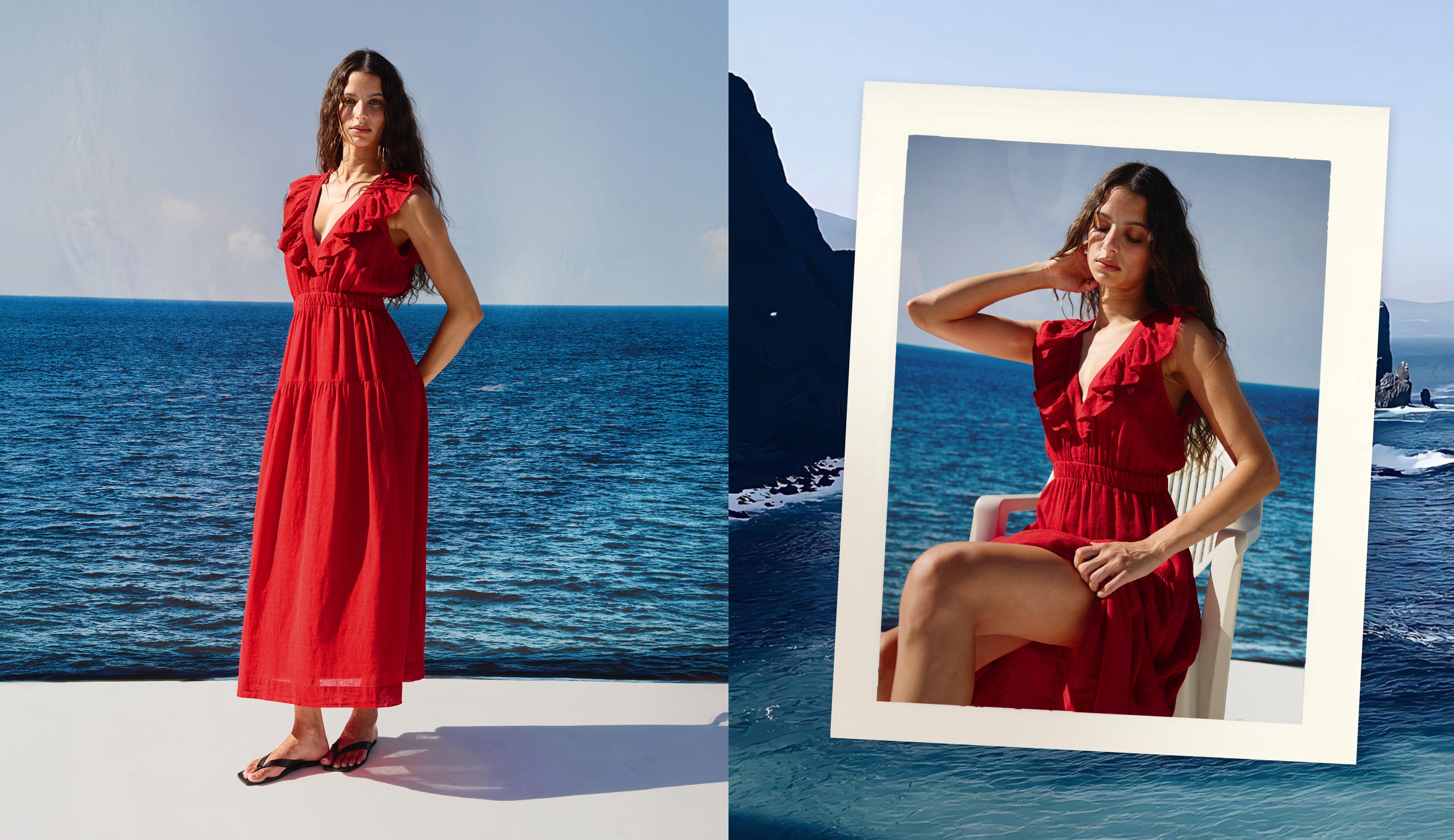 Side by side pictures of a woman in a red maxi dress