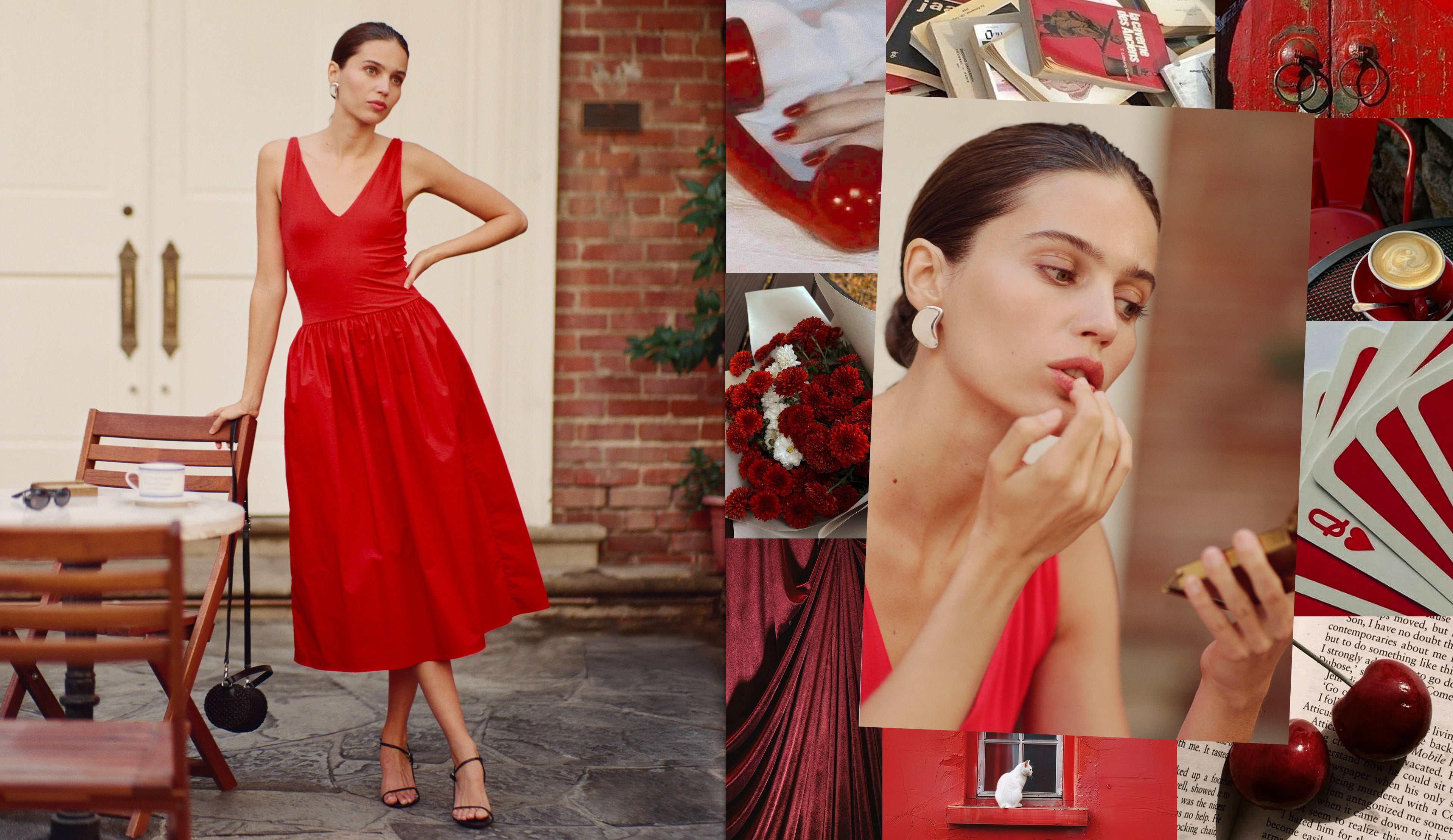 Woman in a red dress with close-up shots of red objects and a collage of images featuring red.