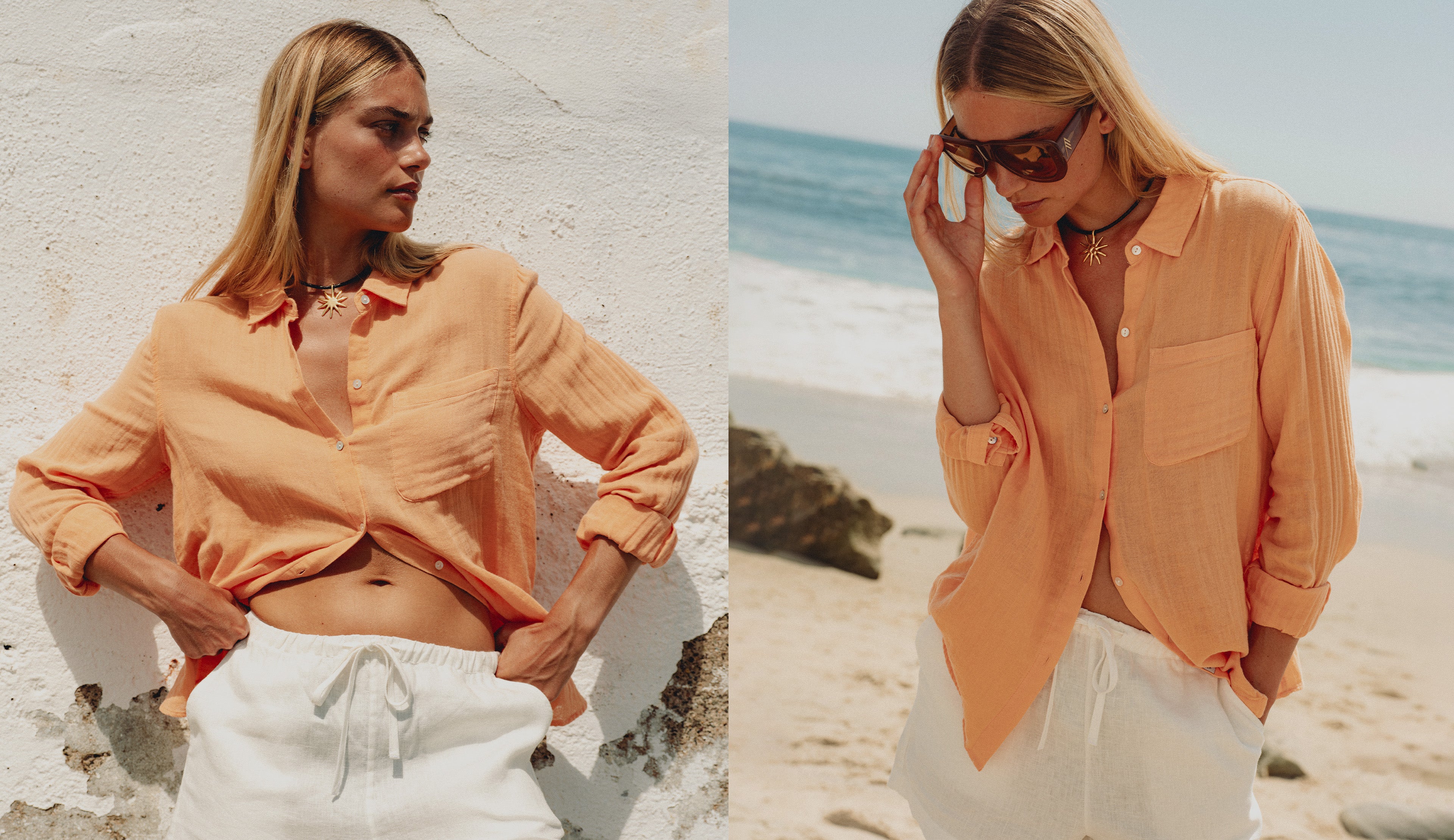 Woman in peach shirt and white pants on a beach