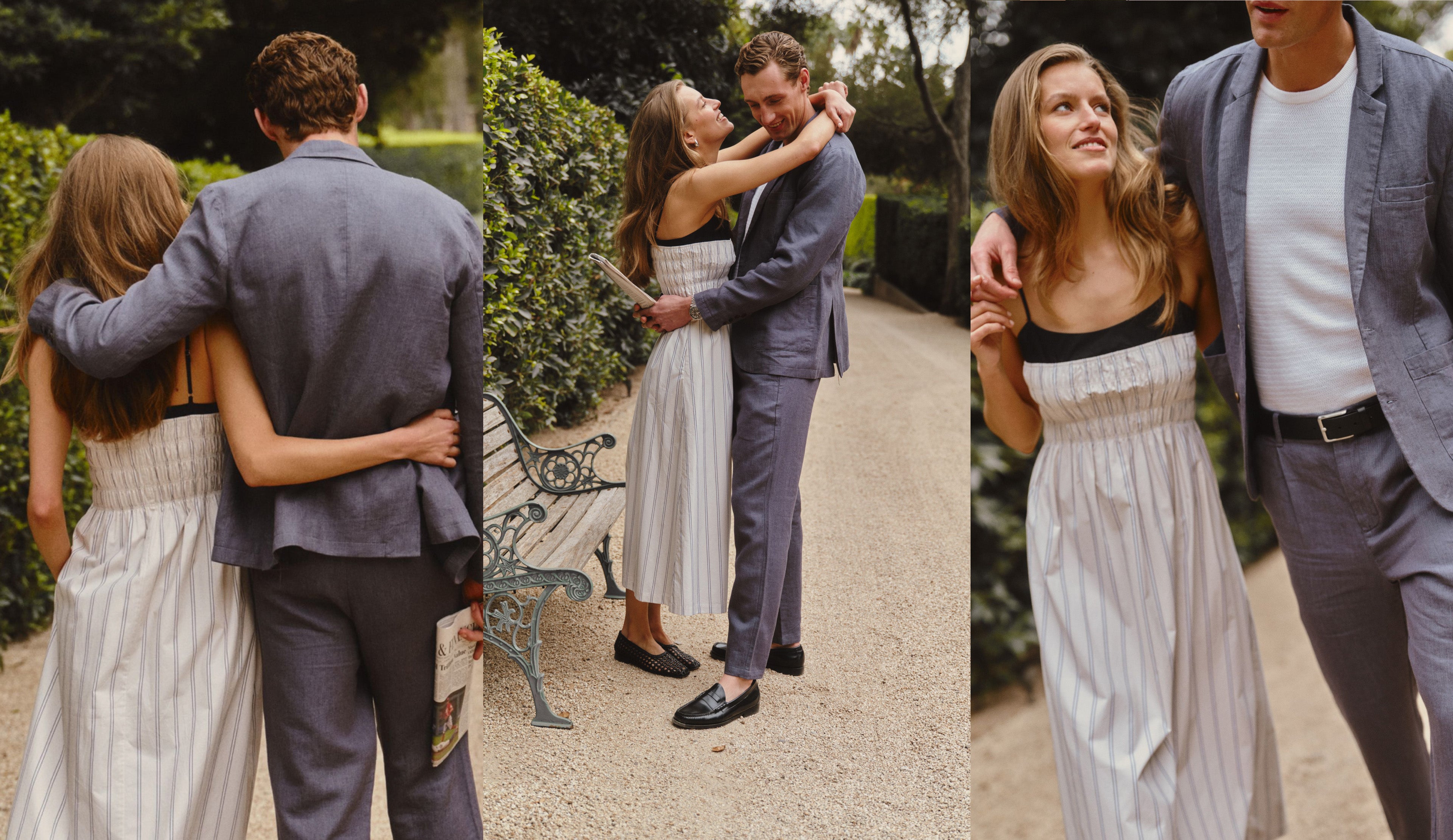 A three-panel lifestyle collage showing a couple outdoors in a garden path. The woman wears a sleeveless white dress with thin vertical pinstripes and a black band at the neckline.