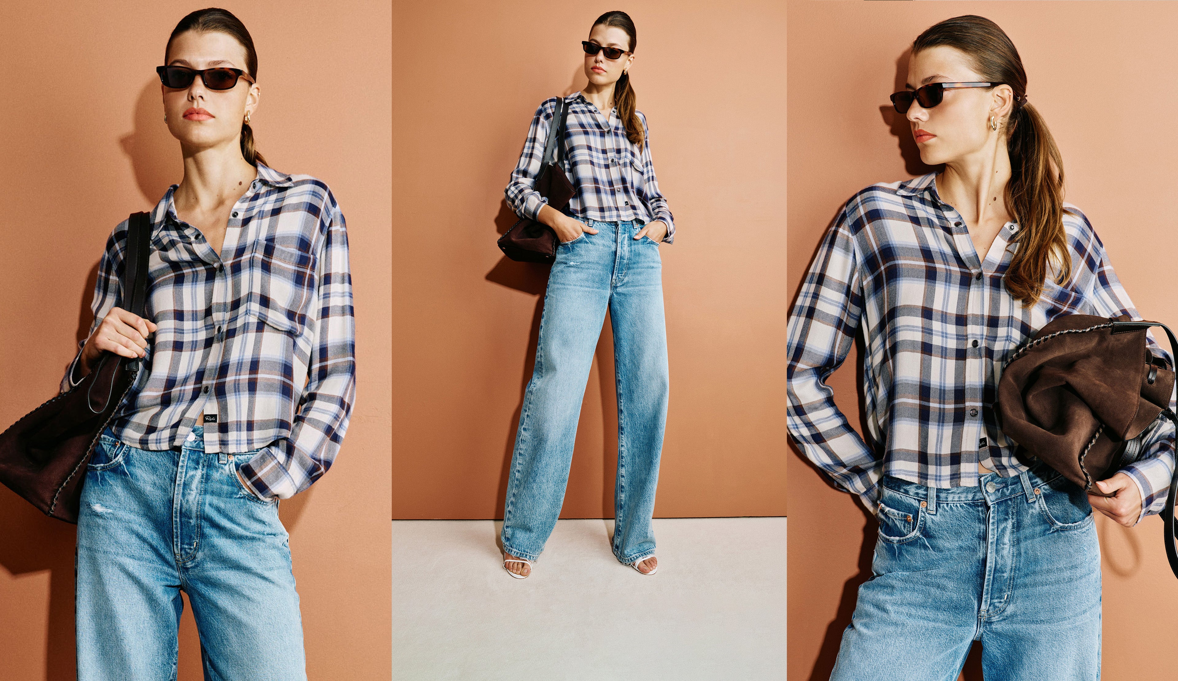 A three-panel collage showing a woman modeling a blue, white, and black plaid button-down shirt with light-wash wide-leg jeans, sunglasses, and a dark brown shoulder bag against a solid terracotta background.