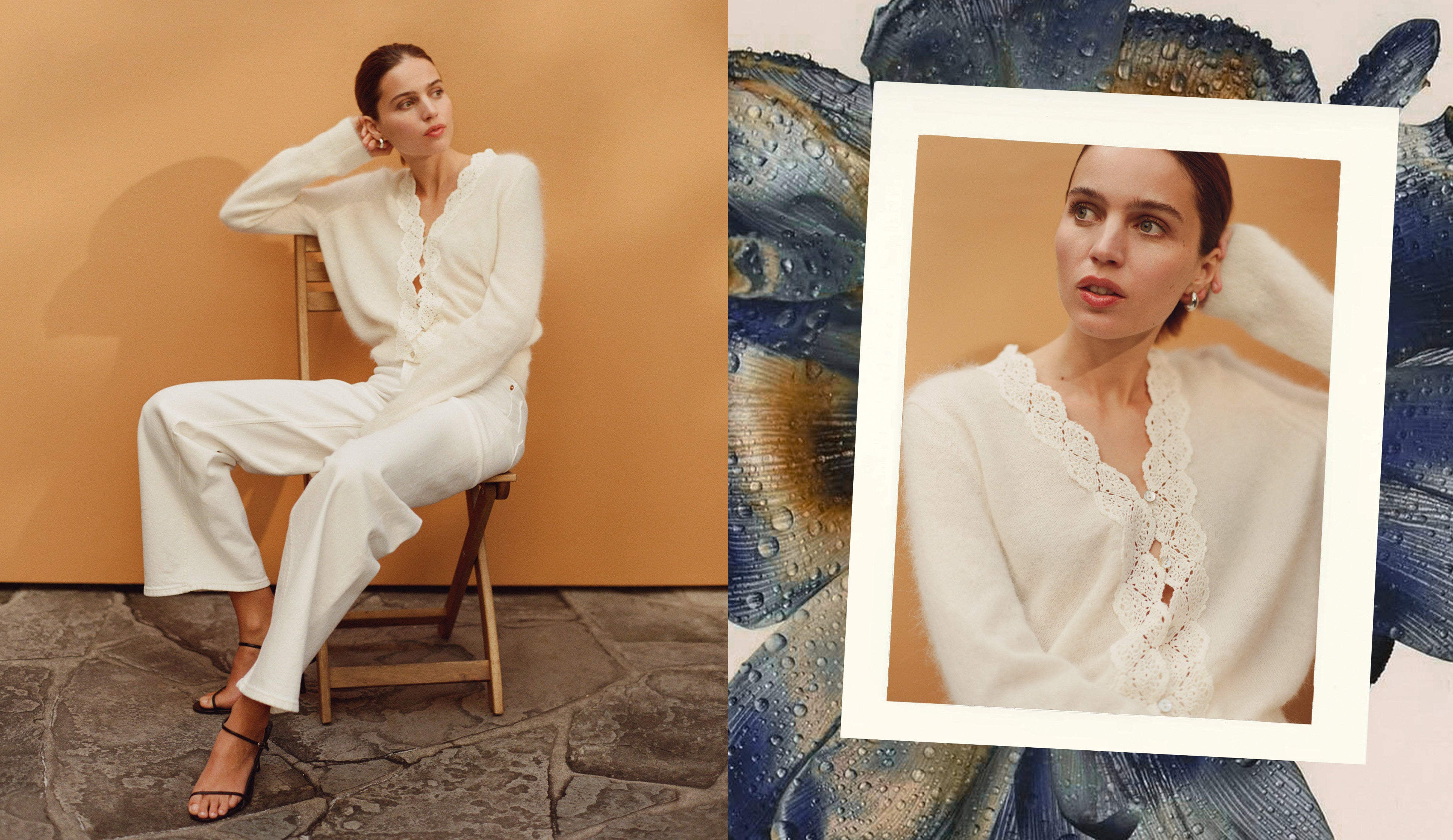 Woman in a white outfit sitting on a chair with a textured blue and gold background.
