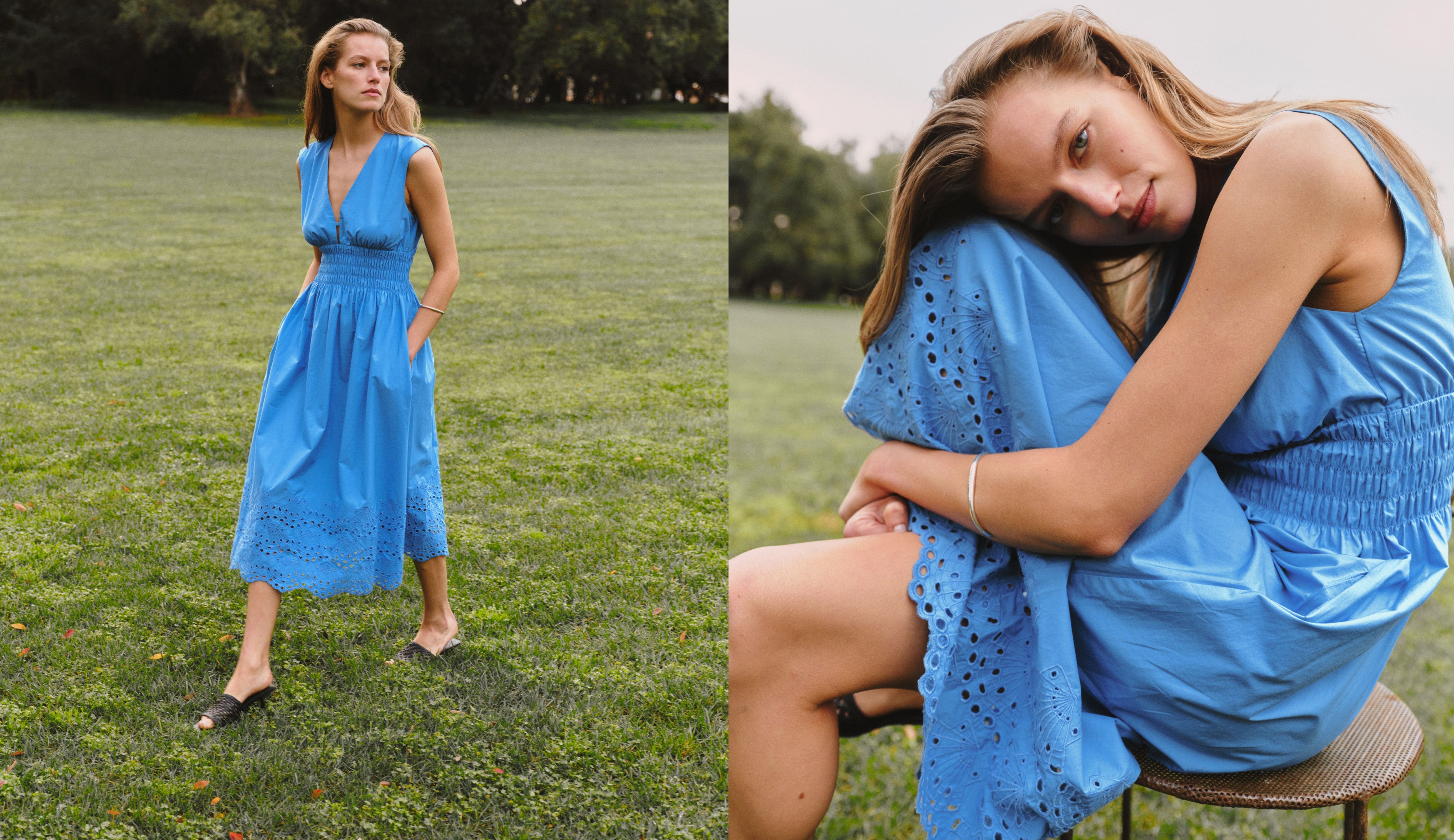 Woman wearing a blue sleeveless midi dress with black woven heels in a field of grass