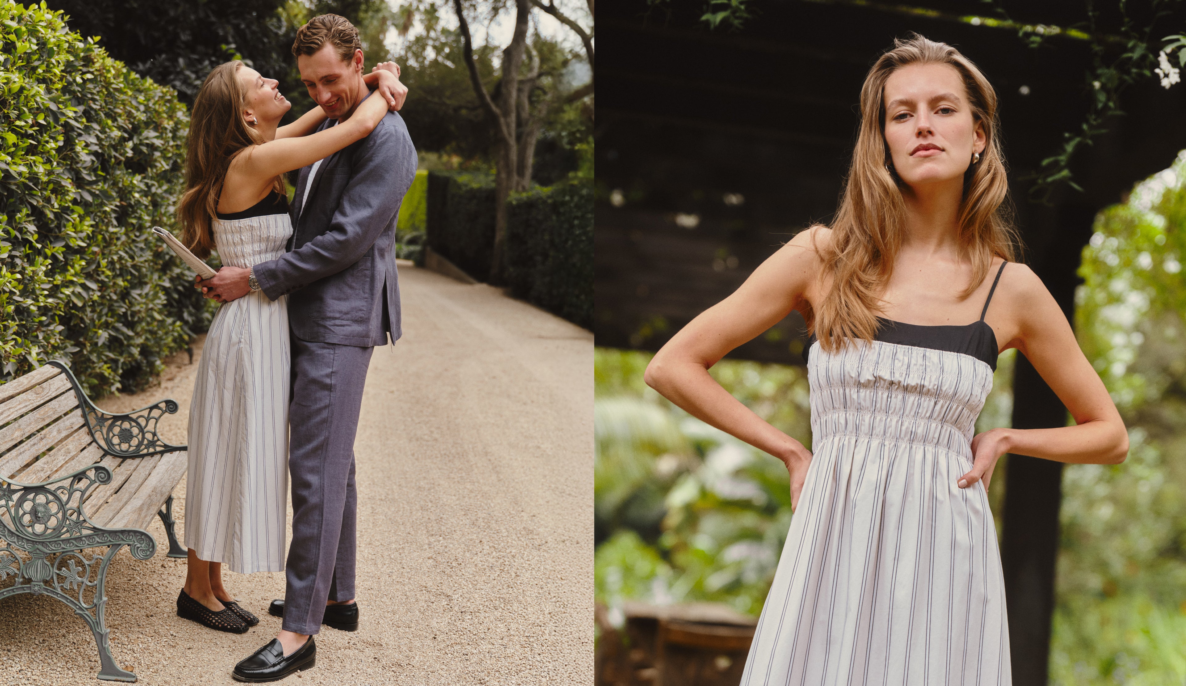 Woman in a white dress posing outdoors with a bench and greenery.