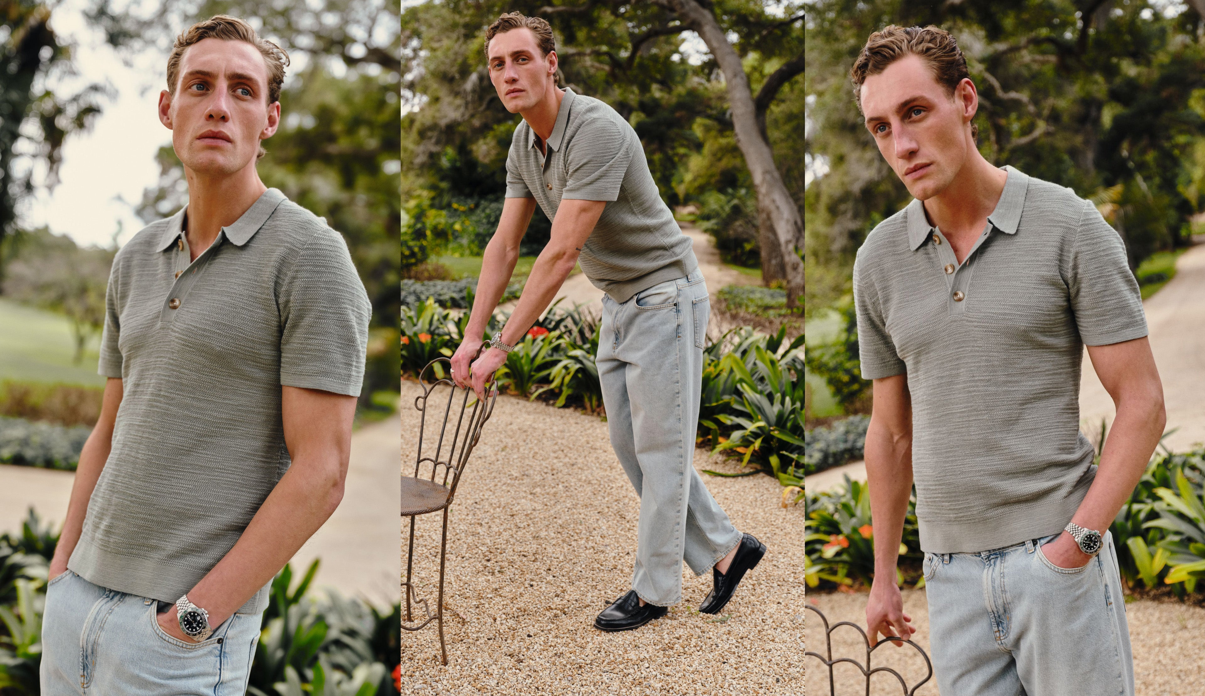 A three-panel outdoor photo collage of a man wearing a short-sleeve polo shirt and light gray trousers in a garden setting.