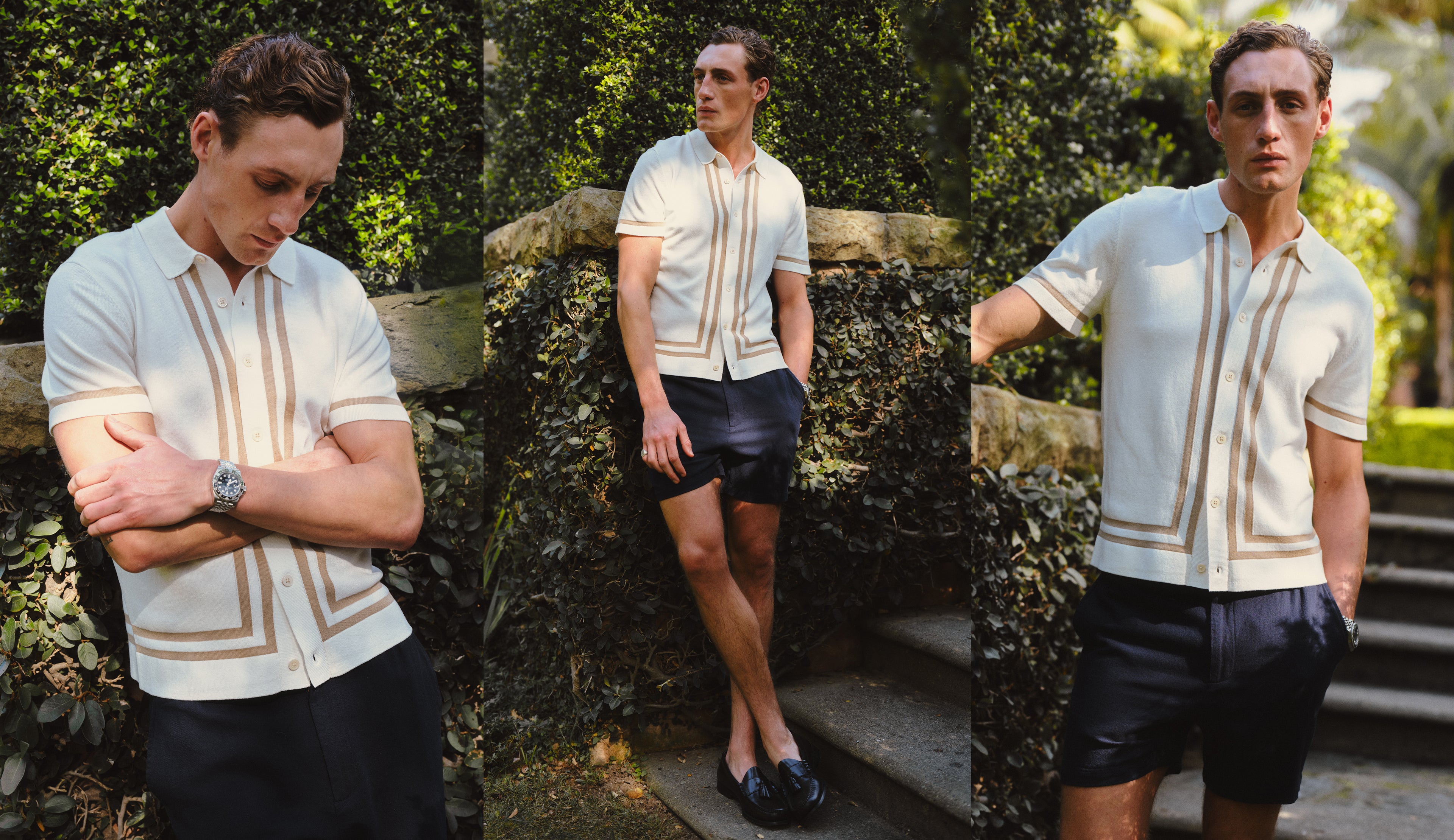 Man wearing a white shirt with brown accents in various outdoor settings.