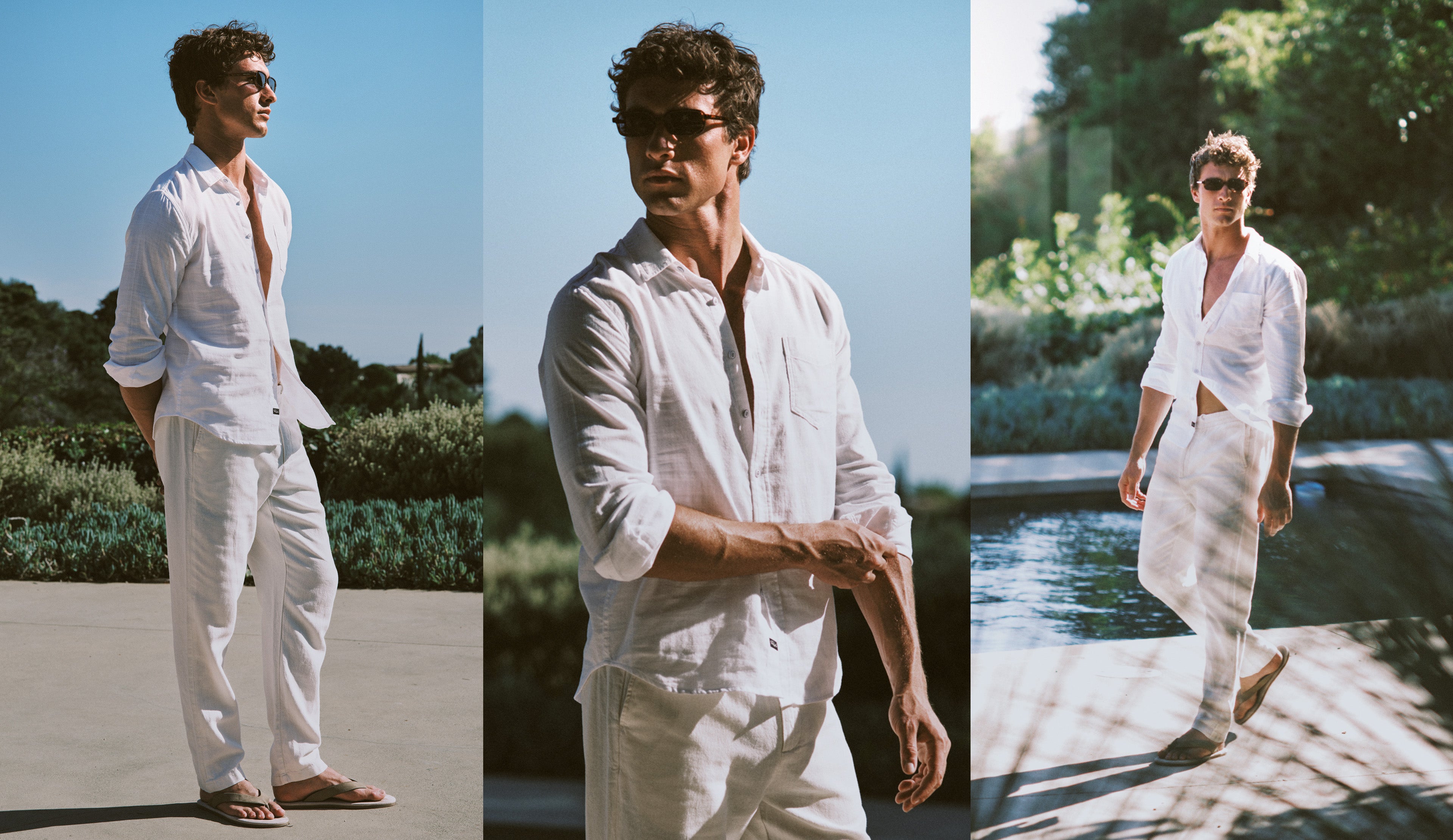 Man wearing a white linen outfit in outdoor settings