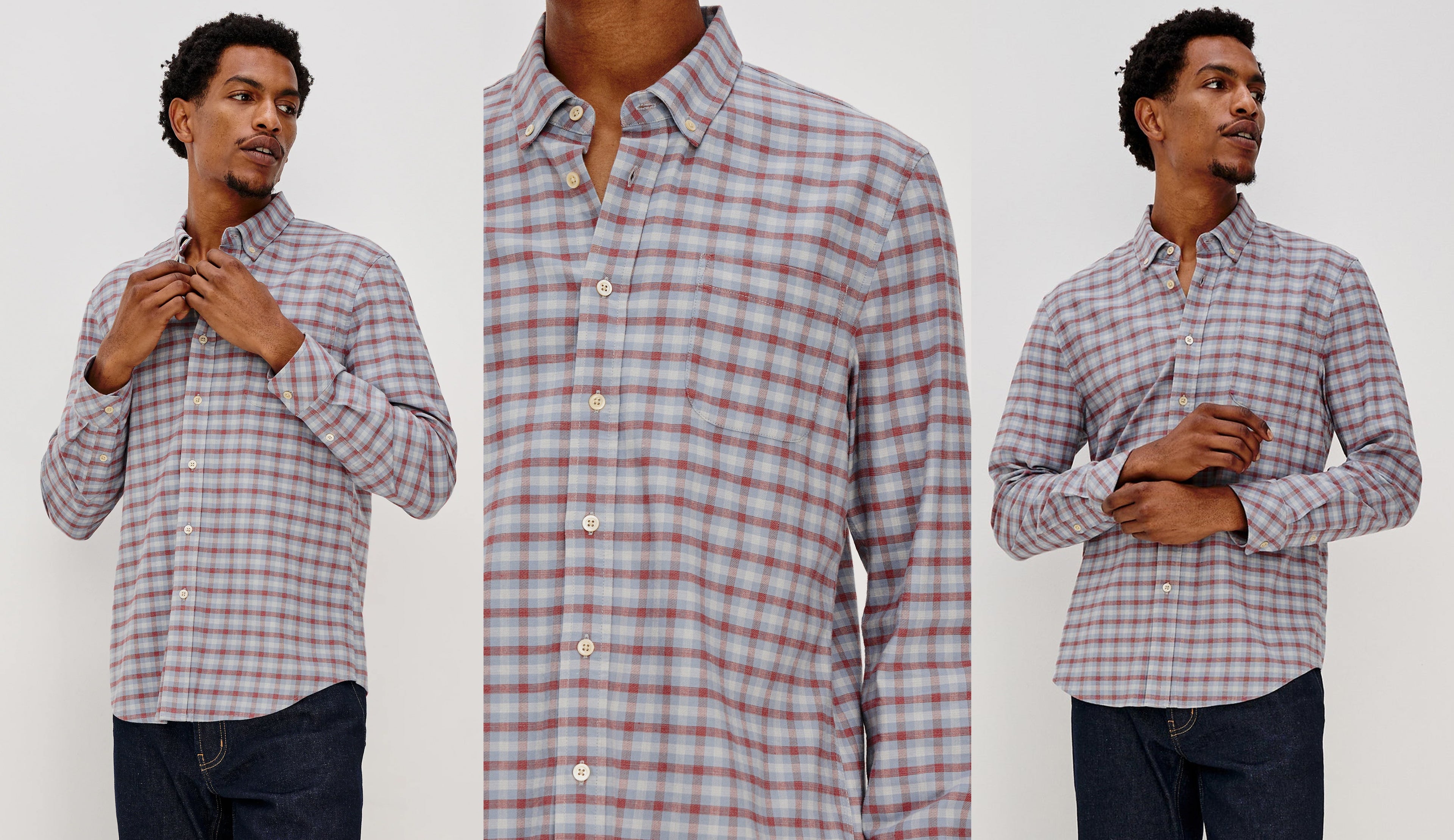Man wearing a plaid shirt in three different poses against a white background