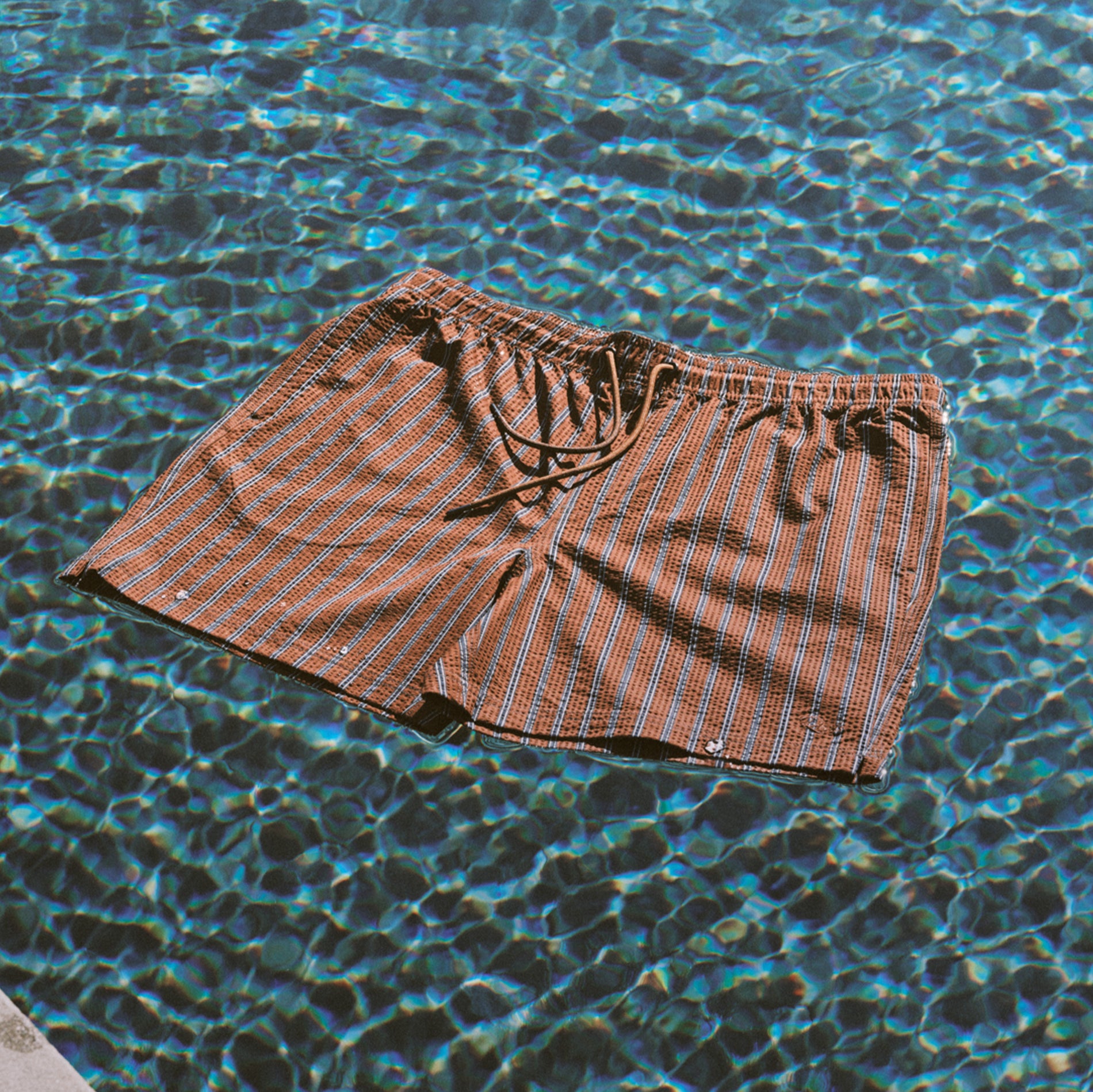 Brown striped swim shorts floating on a pool surface
