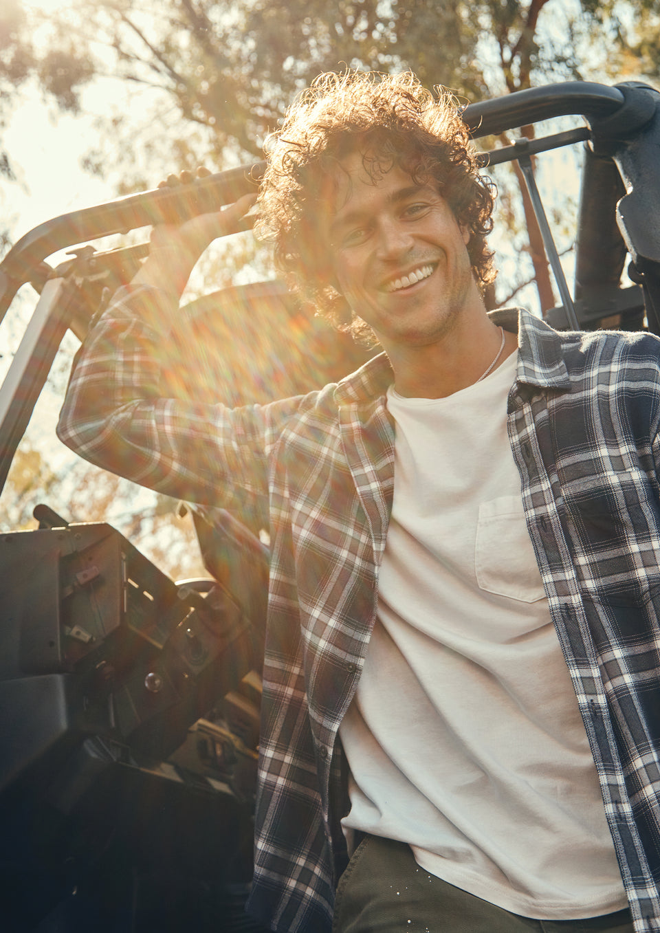 FRONT EDITORIAL IMAGE OF MODEL WEARING LENNOX SHIRT AND JOHNNY T-SHIRT