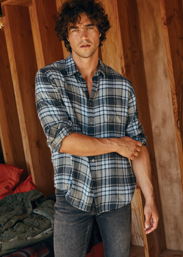 FRONT EDITORIAL IMAGE OF MODEL WEARING LENNOX SHIRT 