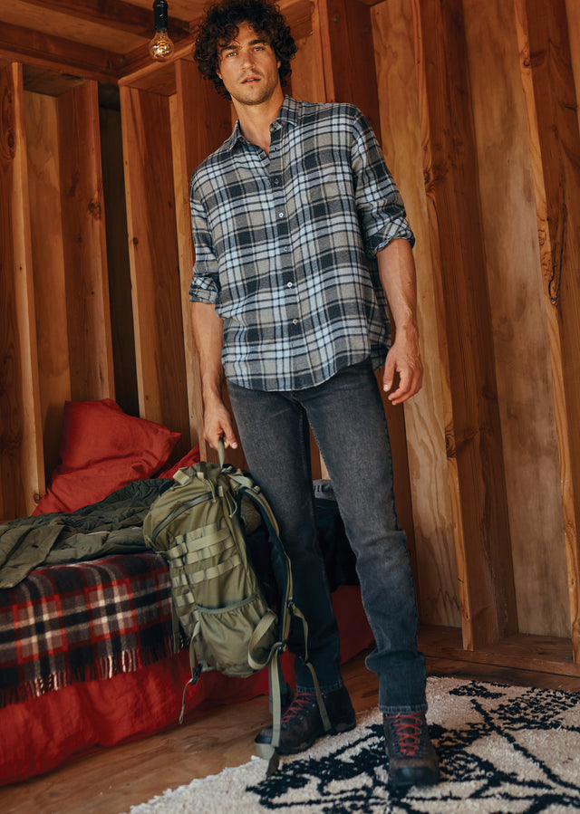 FULL BODY EDITORIAL IMAGE OF MODEL WEARING LENNOX SHIRT