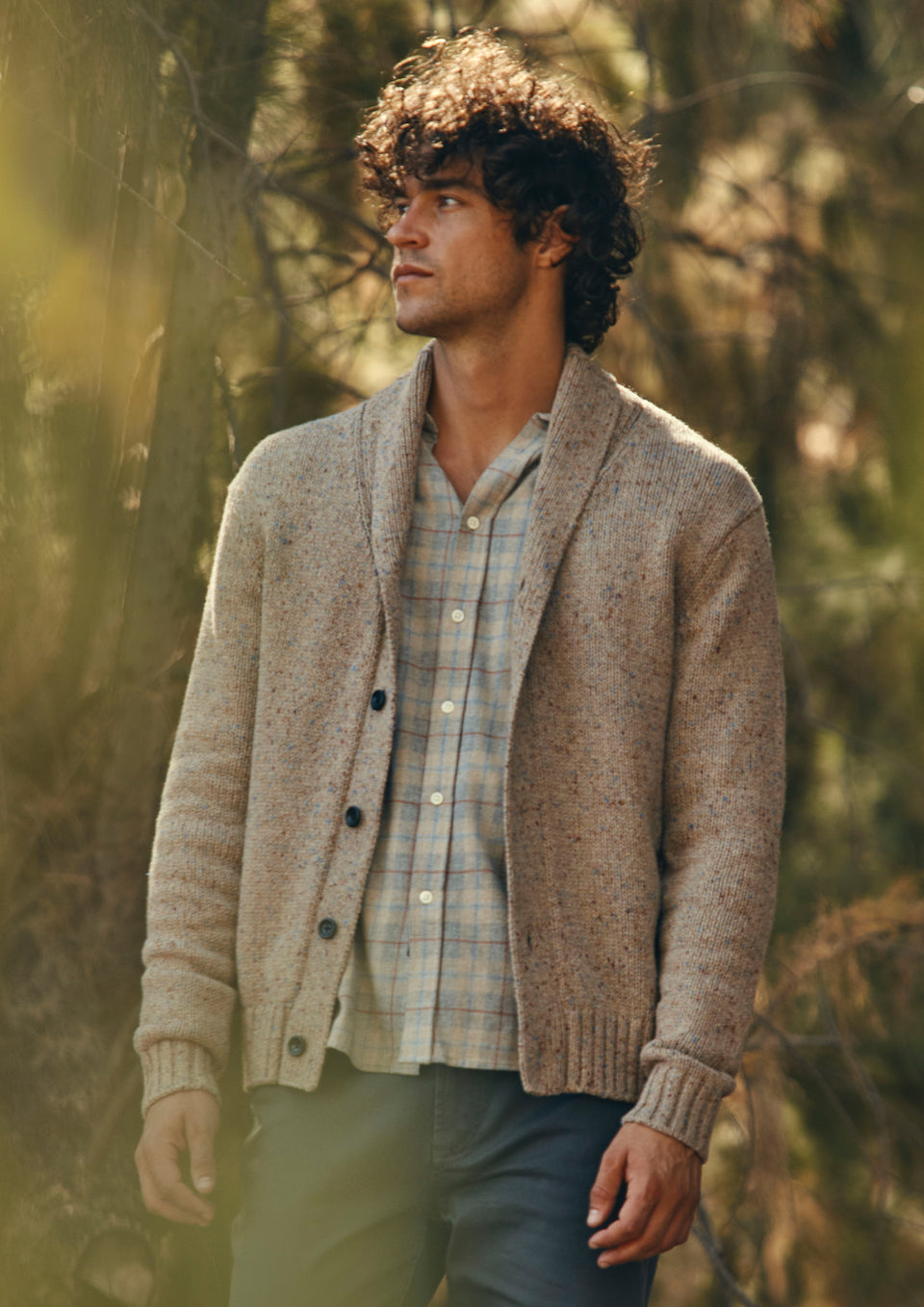 FRONT EDITORIAL IMAGE OF MODEL WEARING CORDEN CARDIGAN AND LENNOX SHIRT