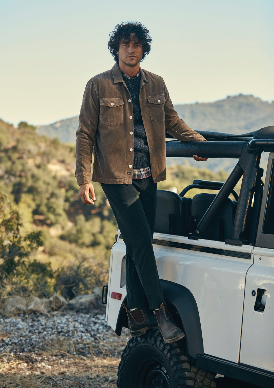 FRONT EDITORIAL IMAGE OF MODEL WEARING KEROUAC SHIRT JACKET AND JULIAN PANT