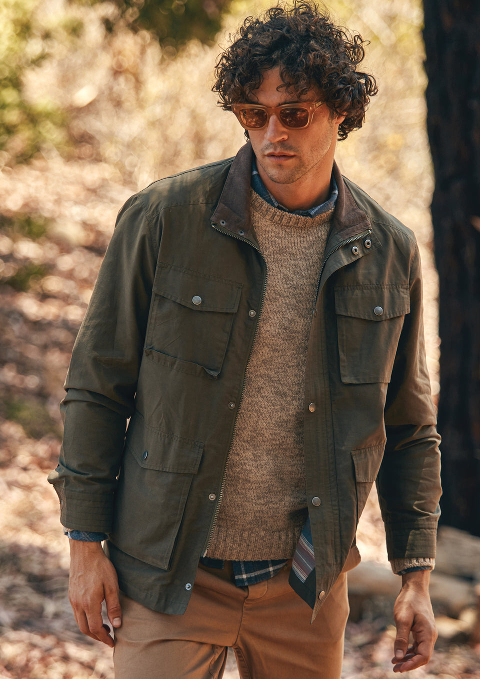 FRONT EDITORIAL IMAGE OF MODEL WEARING CARDIFF JACKET AND ORRIN SWEATER