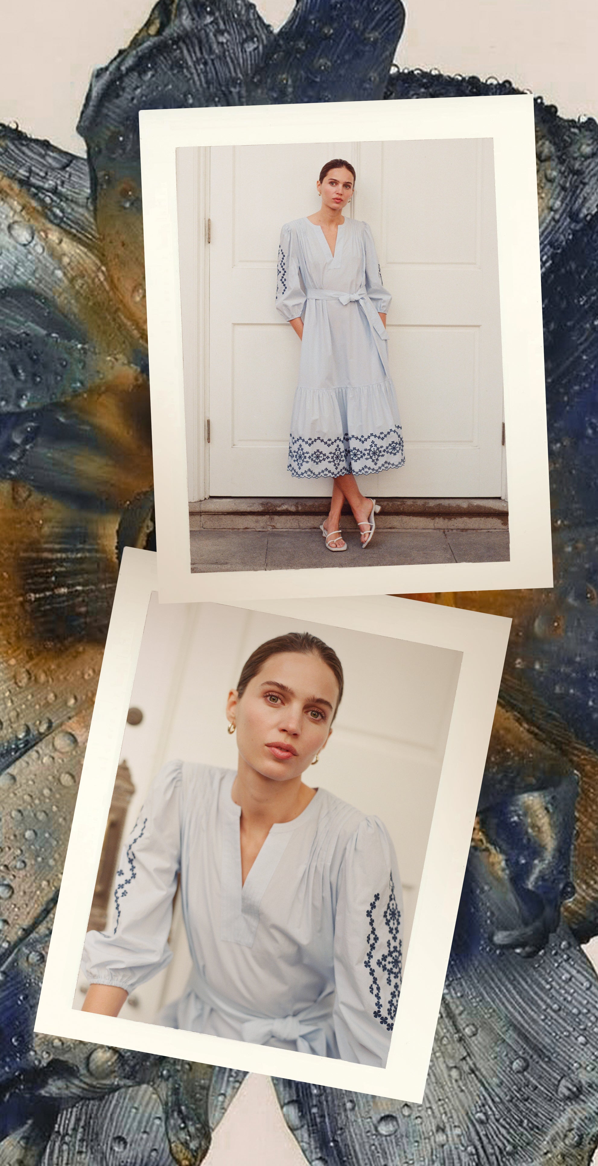 Two images of a woman modeling a light blue midi dress with navy embroidery.