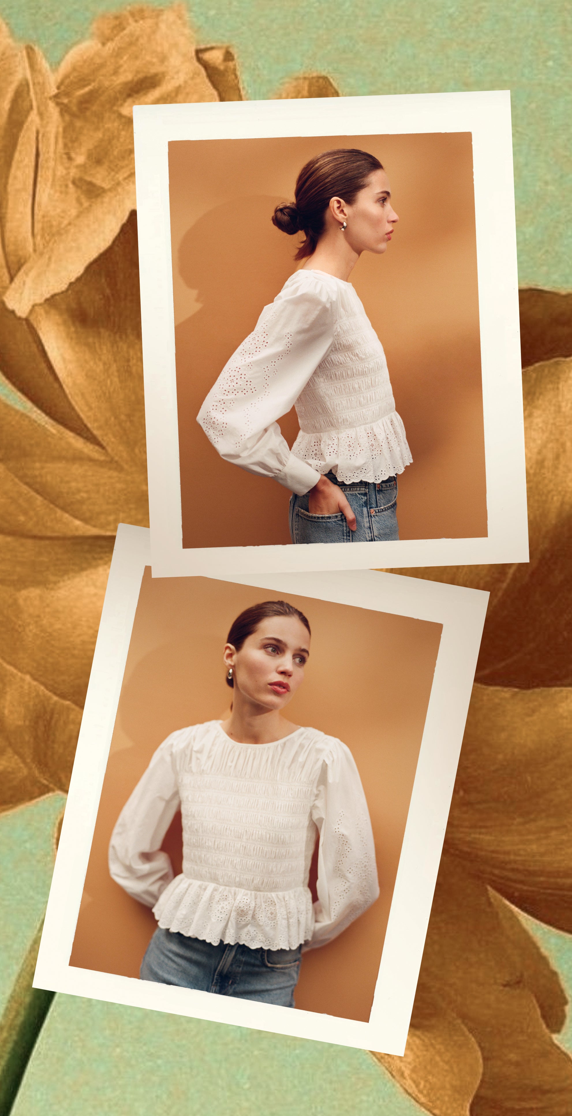 Woman wearing a white lace top with a side profile and front view against a brown background.