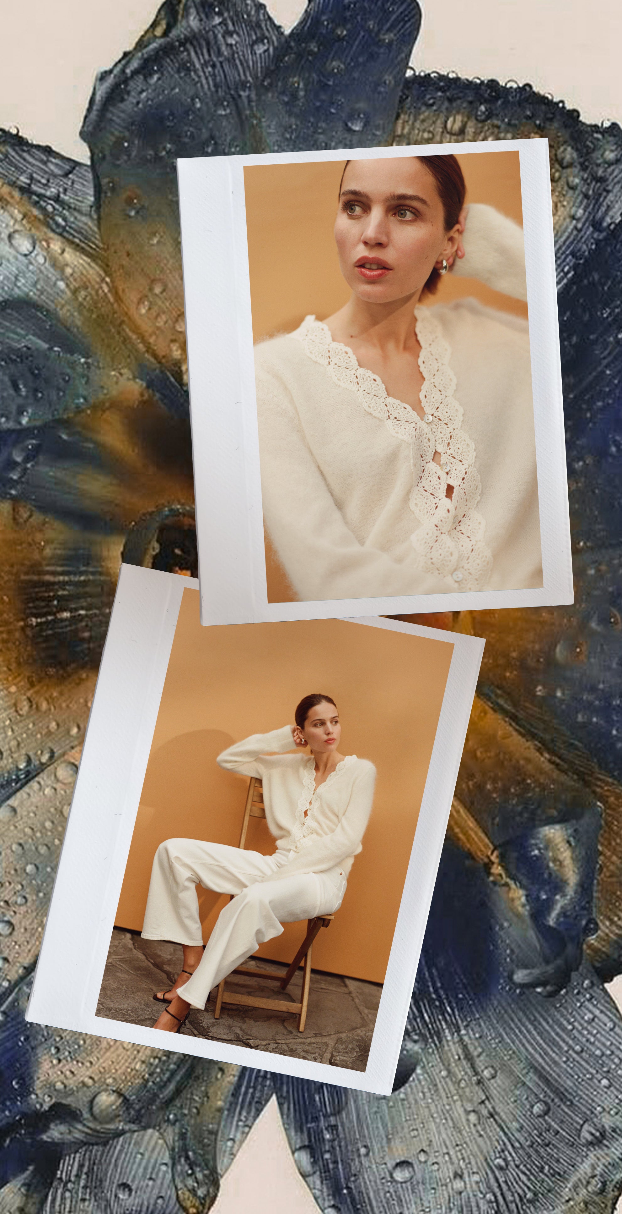 Woman in a white outfit sitting on a chair with a textured blue and gold background.