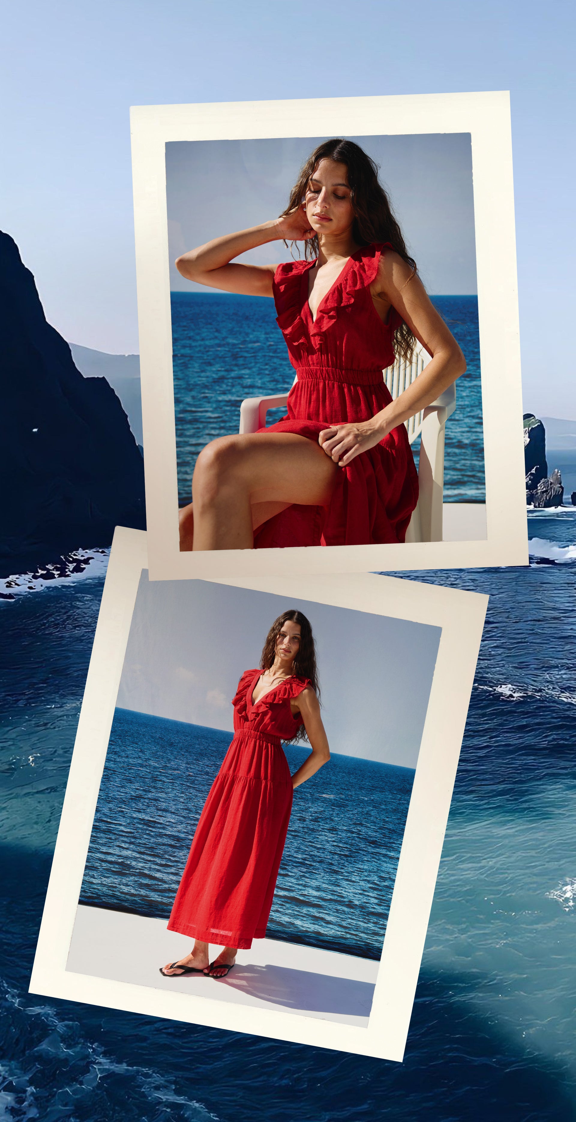 Side by side pictures of a woman in a red maxi dress