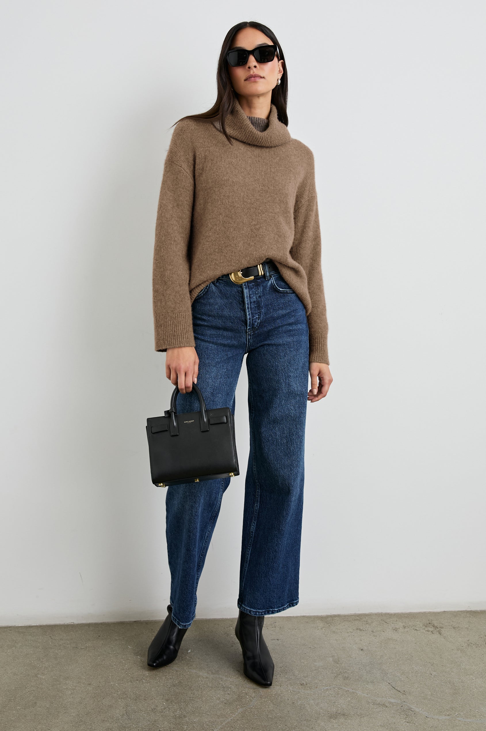 Nadine Long-Sleeve Sweater with a Roll Neck and Ribbed Trim in Oatmeal Colorway - Front View Featured on Model 