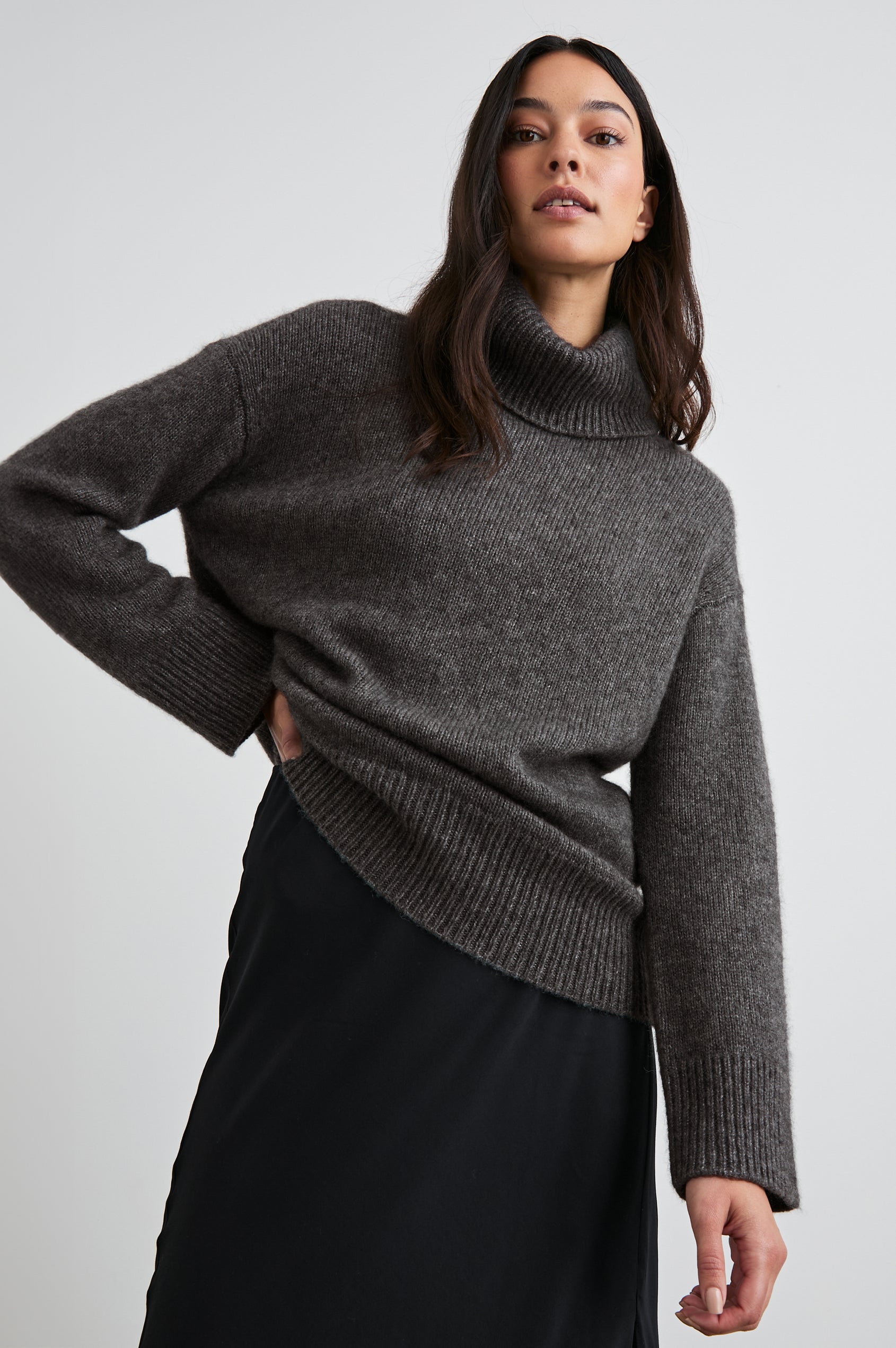 Nadine Long-Sleeve Sweater with a Roll Neck and Ribbed Trim in Thunder Colorway - Front View Featured on Model 