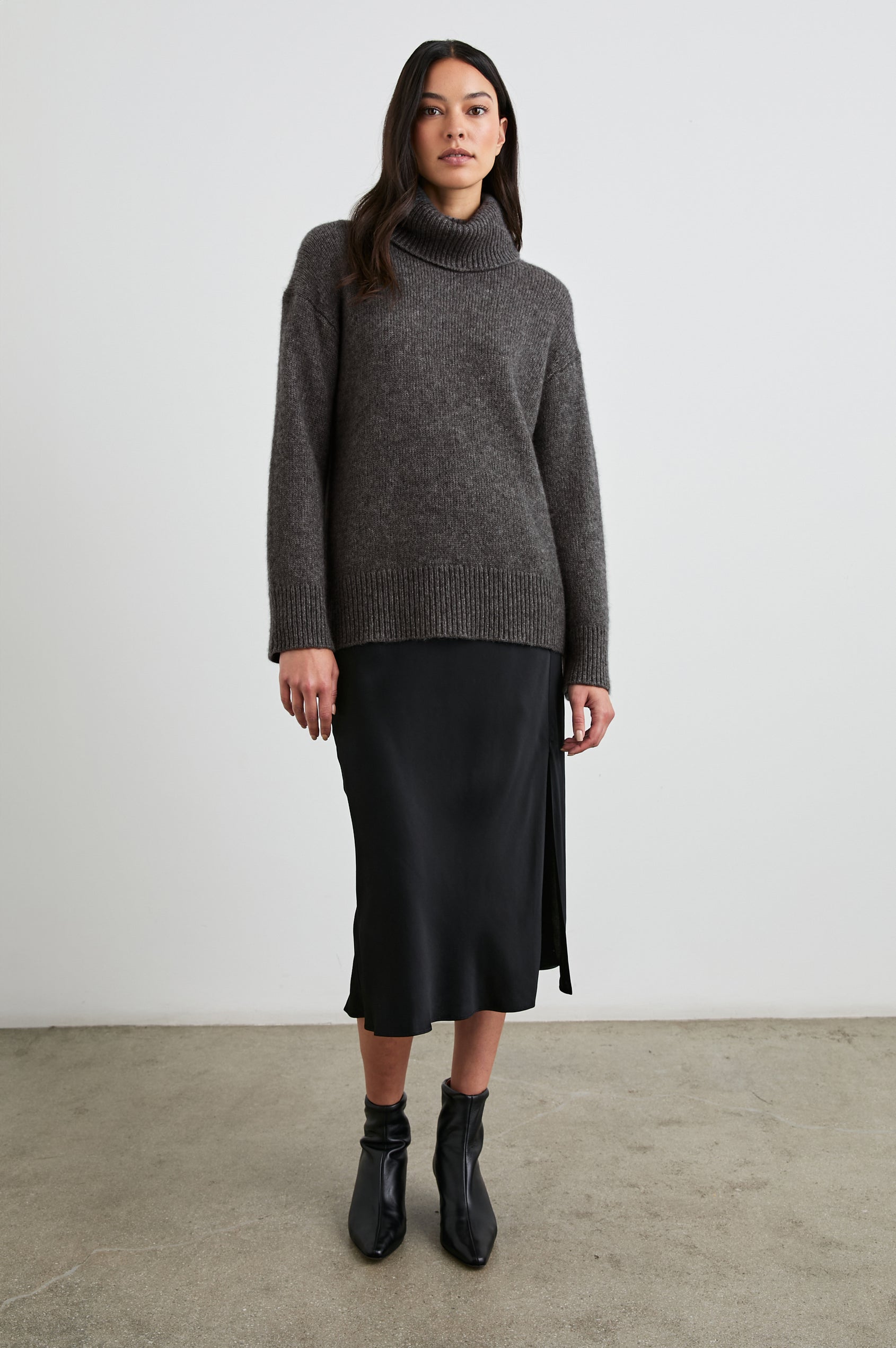 Nadine Long-Sleeve Sweater with a Roll Neck and Ribbed Trim in Thunder Colorway - Front Full Body View Featured on Model 
