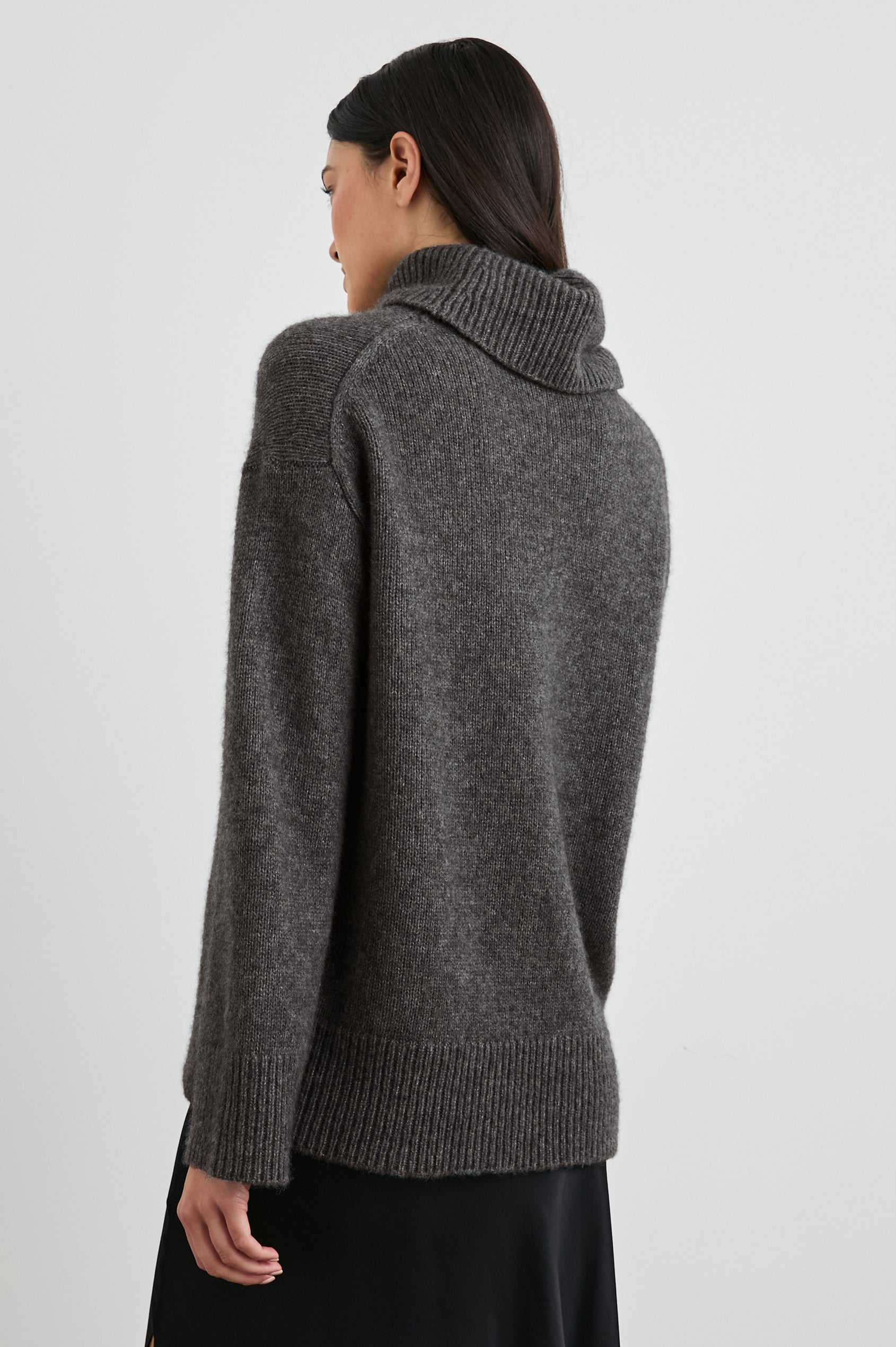 Nadine Long-Sleeve Sweater with a Roll Neck and Ribbed Trim in Thunder Colorway - Back View Featured on Model 