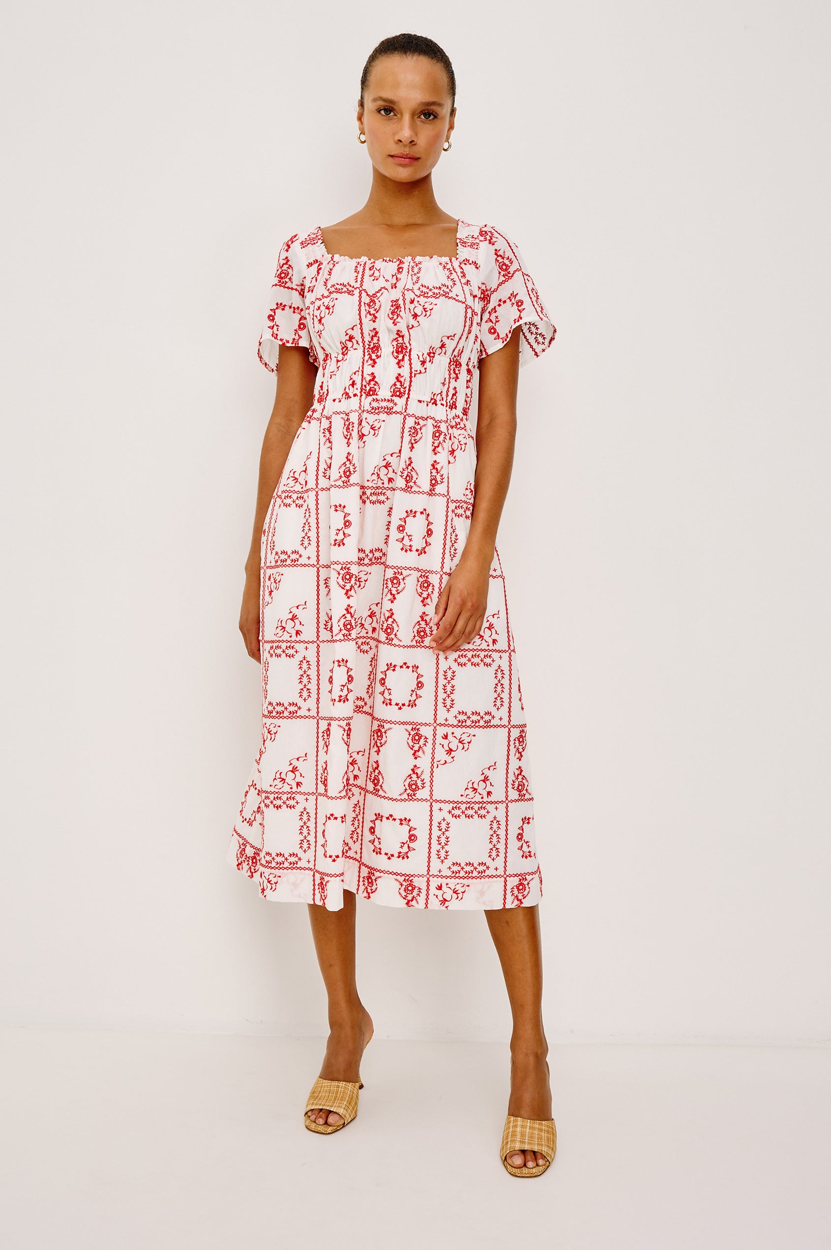 handkerchief midi dress Pistachio Floral Lace Hem 100% Polyester Imported Model is wearing a size Small Models Profile Francesca | Brown Knotted Midi