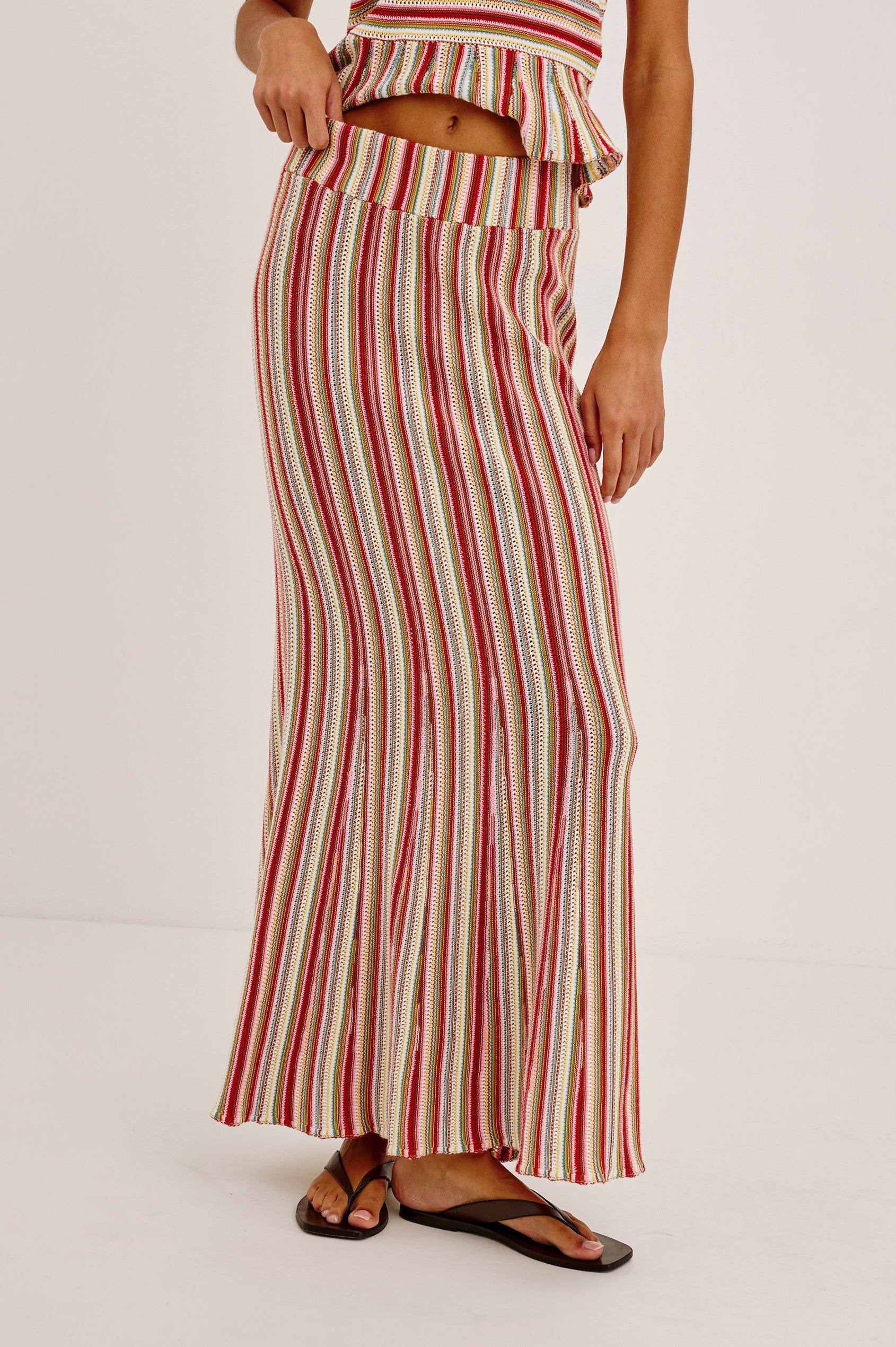 Nari Maxi Skirt in Cotton Knit With High-Rise Stretch Waistband and Trumpet Silhouette in Havana Stripe - Lower Body Front View Featured on Model