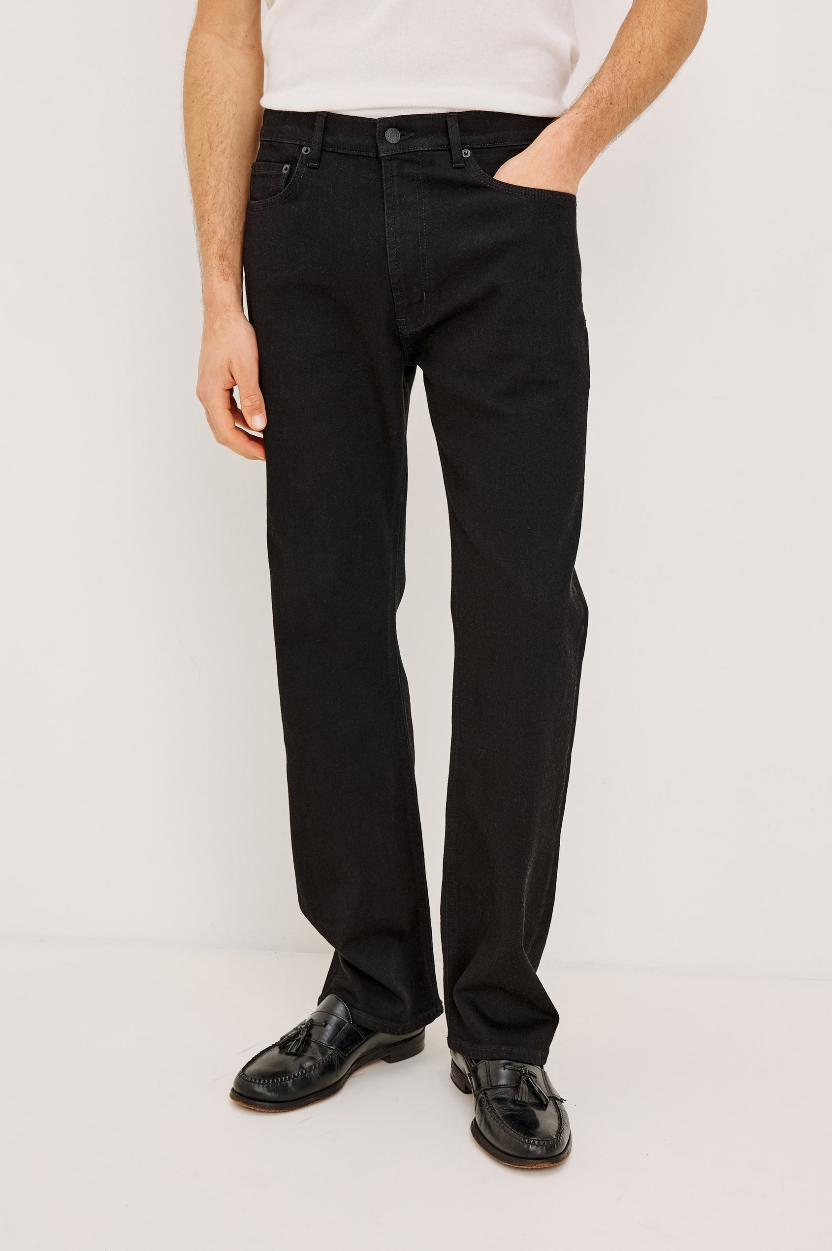 Nash Straight Leg Jean in Rigid Denim With Vintage-Inspired Button Fly in Dark Black Colorway - Front view featured on model.