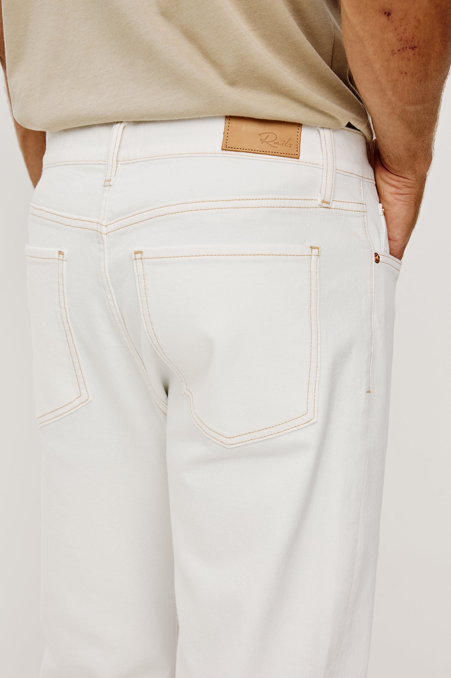 Nash Straight Leg Jean in Stretch Cotton With Classic 5-Pockets, Belt Loops, and a Front Zip Fly in Ecru Colorway - Lower Body Close Up Back View Featured on Model