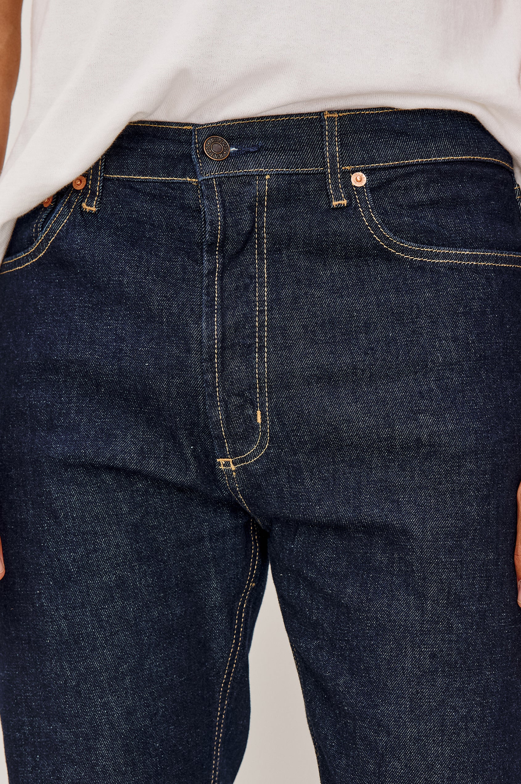 Nash is a straight leg 5-Pocket denim jean a zip fly and button closure as well as rivets in a Rinse Wash. Front detail view featured on model.
