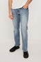 Nash is a straight leg 5-Pocket denim jean a zip fly and button closure as well as rivets in a Medium Vintage Wash. Front view featured on model.