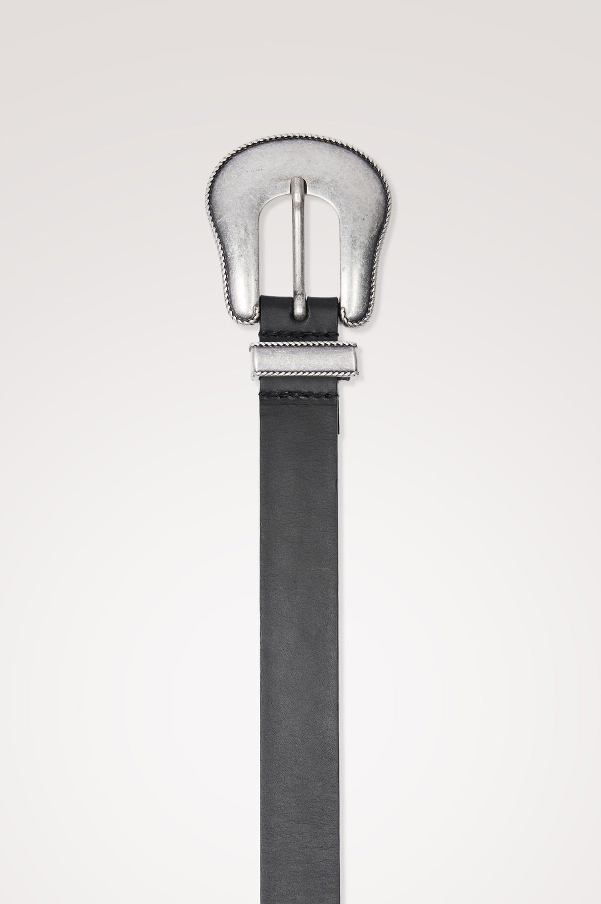 Nashville Belt in Italian Leather with a Western-Inspired Buckle in Black Silver Colorway -Full Body Front View Featured on Model.