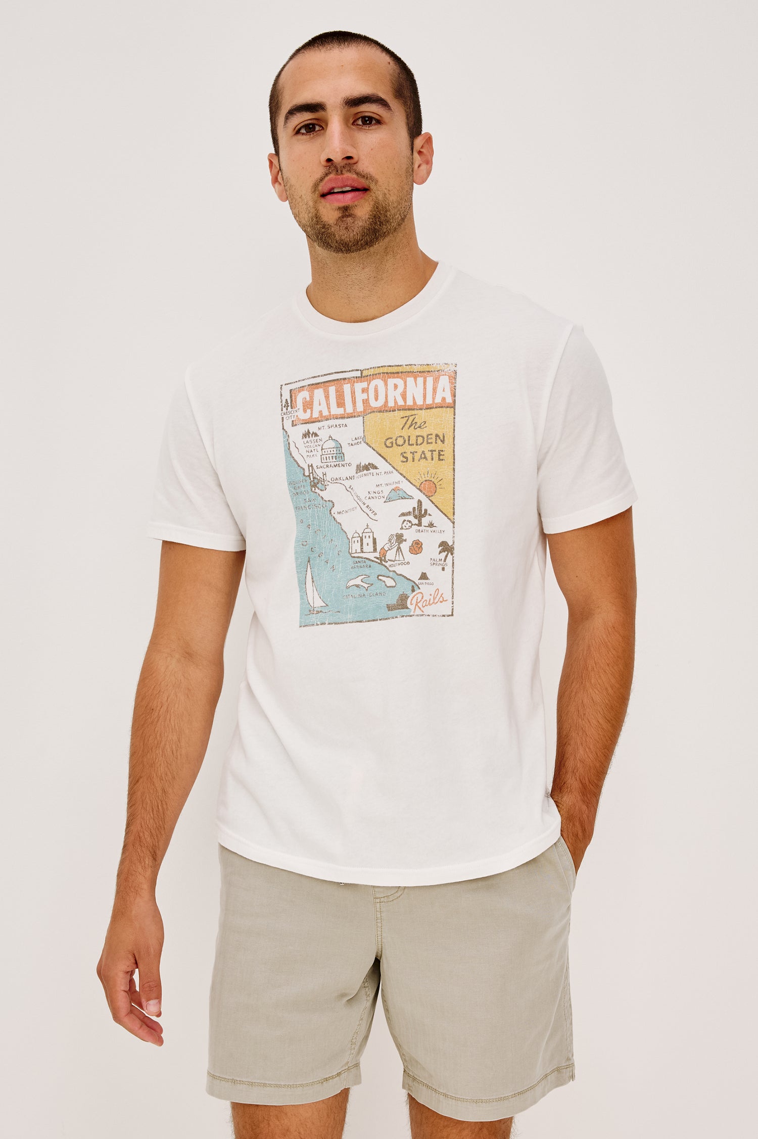 Neil Tee in Slub Cotton Jersey With Classic Fit, Short Sleeves, and Crewneck in Golden State Colorway - Upper Body Front View Featured on Model