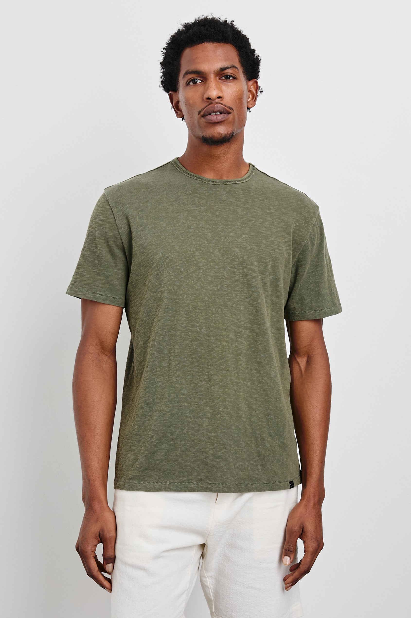 Neil T-Shirt with a Crew Neck in Surplus Colorway - Front View Featured on Model 