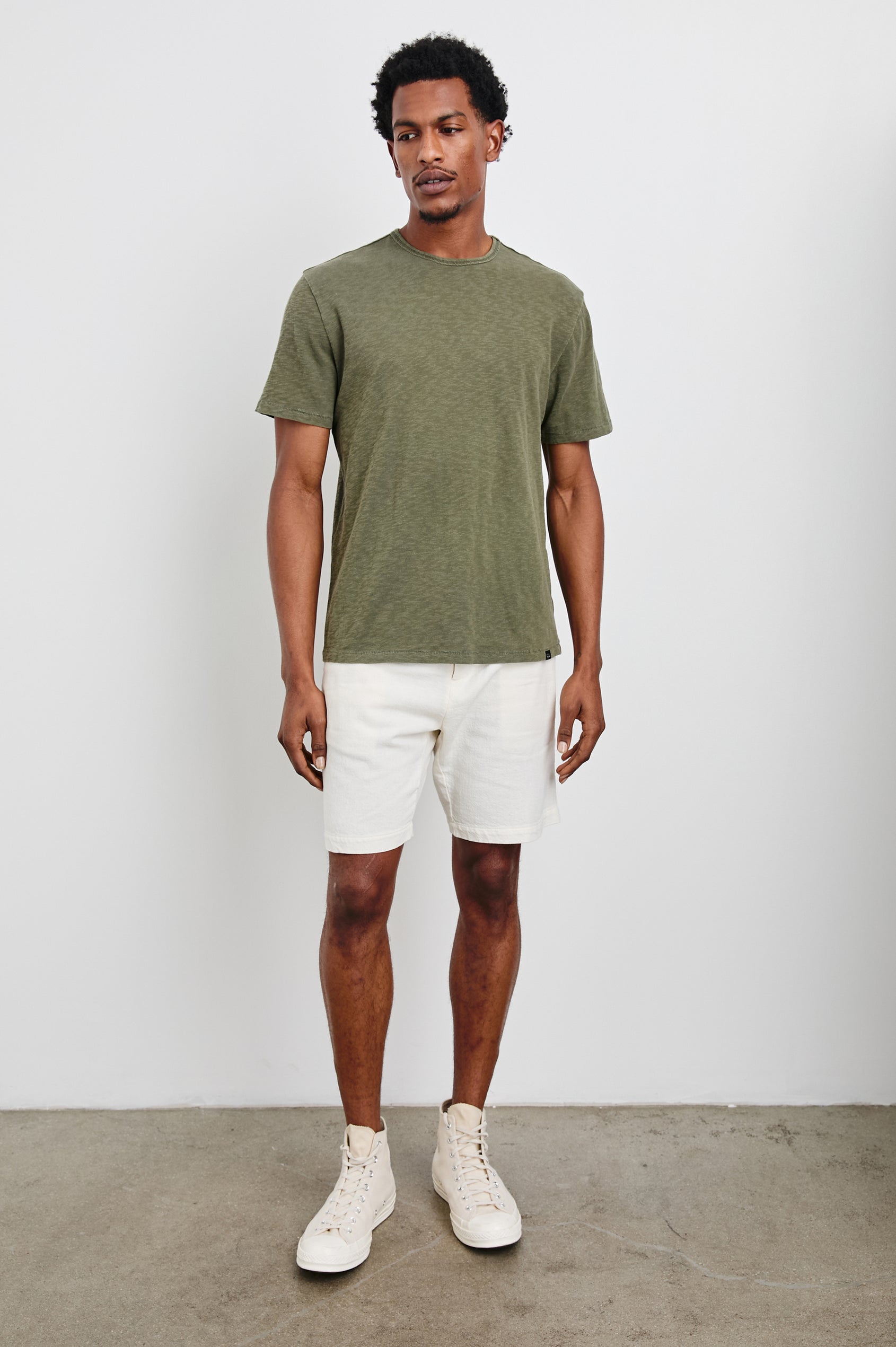 Neil T-Shirt with a Crew Neck in Surplus Colorway - Front Full Body View Featured on Model 