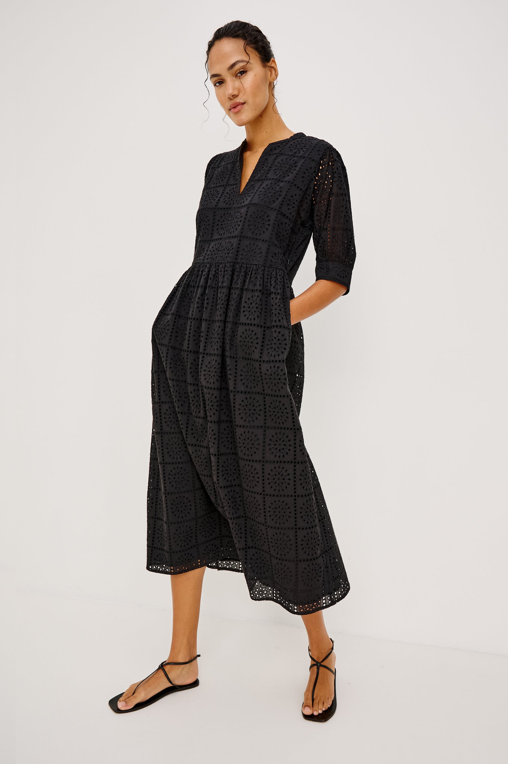 Rails | Nella Dress - Black Grid Embroidery | Premium Cotton | Size XS