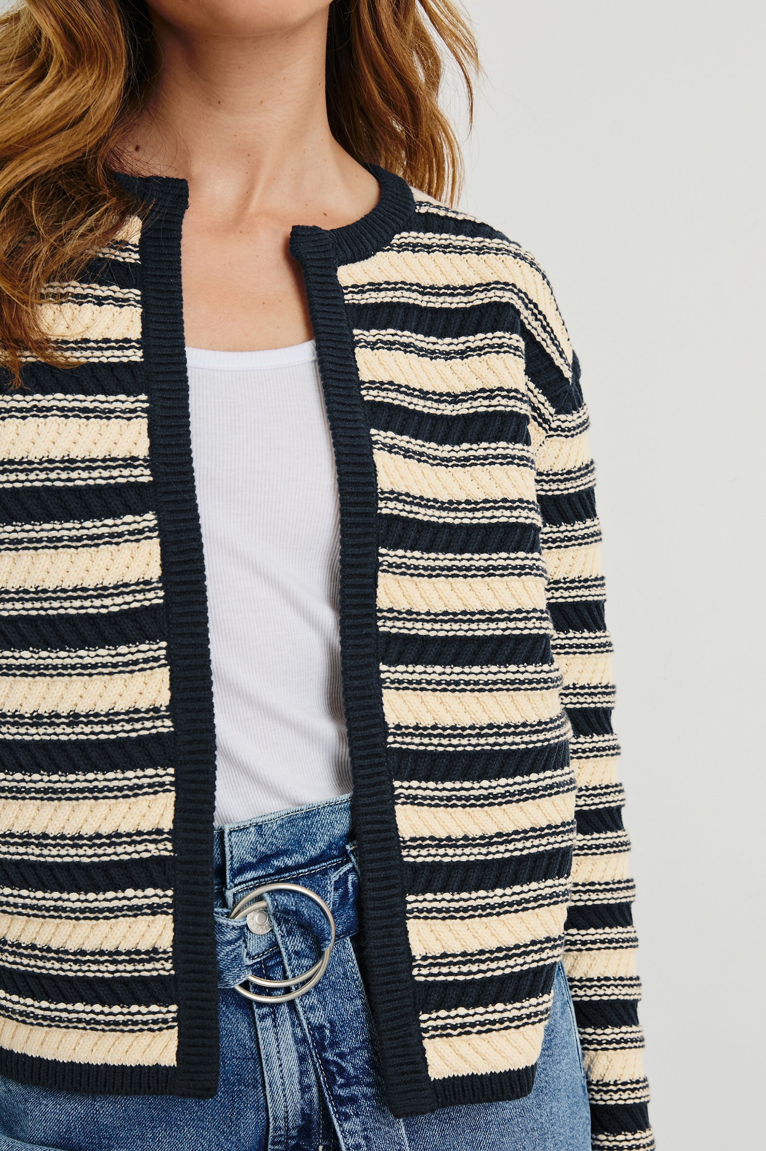 Nelly Long-Sleeve Cardigan with No Front Closure in Navy Oat Stripe Colorway, Horizontal Stripes with Navy trim - Front View Featured on Model
