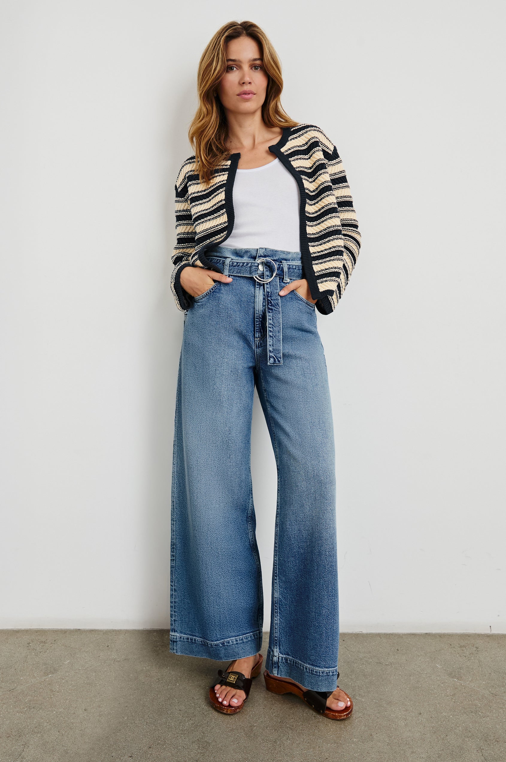 Nelly Long-Sleeve Cardigan with No Front Closure in Navy Oat Stripe Colorway, Horizontal Stripes with Navy trim - Front Full Body View Featured on Model