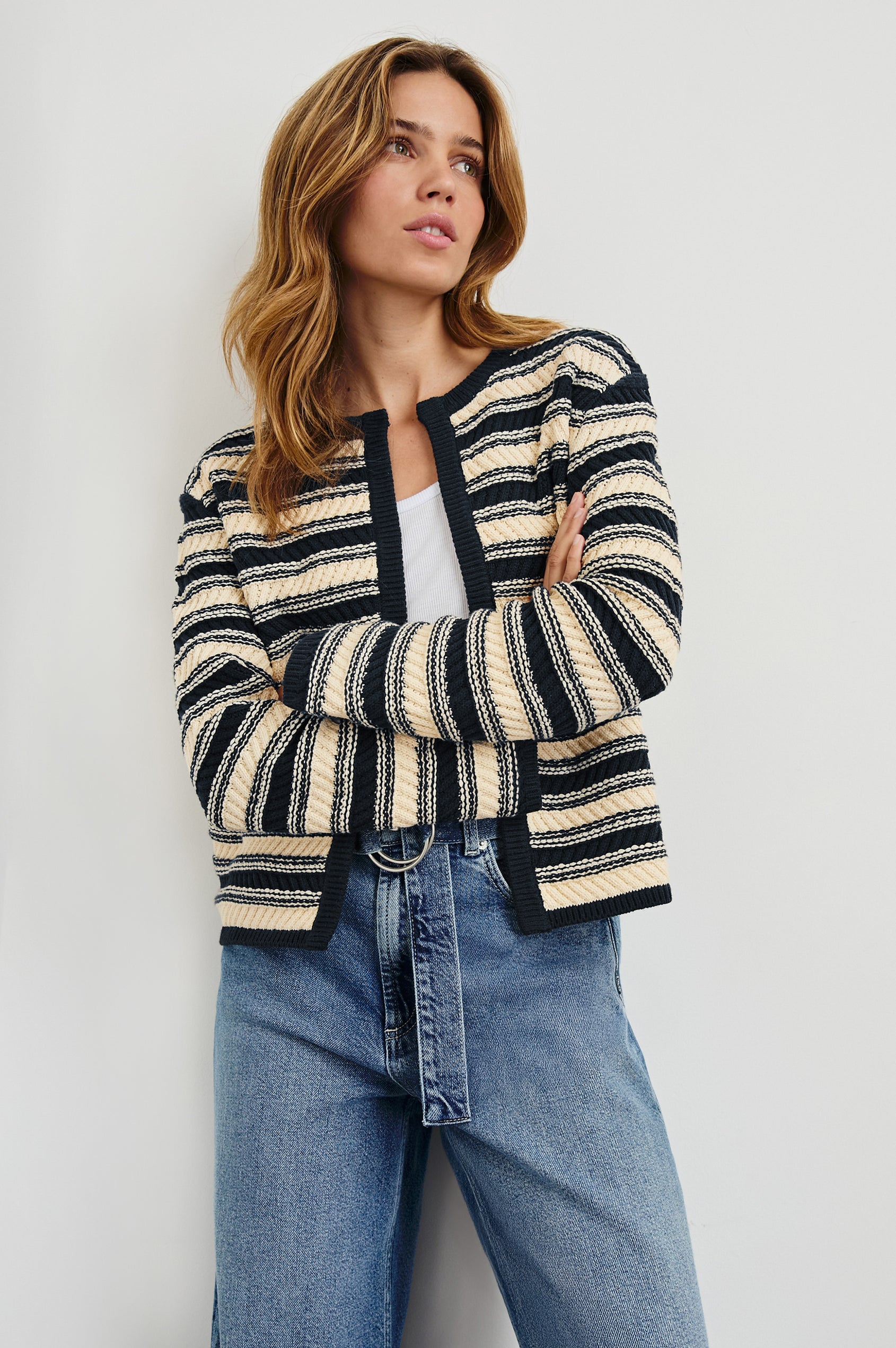 Nelly Long-Sleeve Cardigan with No Front Closure in Navy Oat Stripe Colorway, Horizontal Stripes with Navy trim - Front View Featured on Model