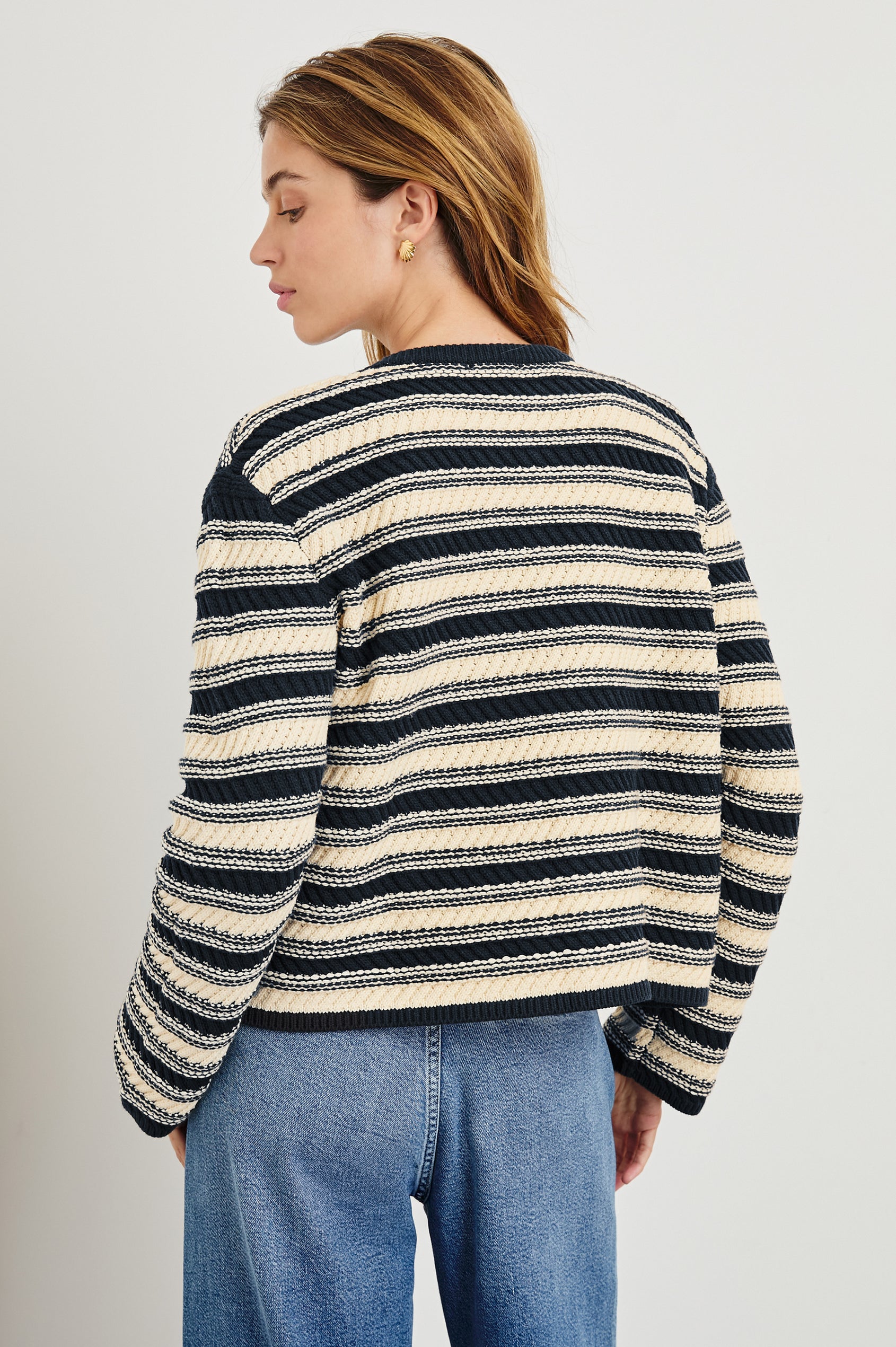 Nelly Long-Sleeve Cardigan with No Front Closure in Navy Oat Stripe Colorway, Horizontal Stripes with Navy trim - Back View Featured on Model