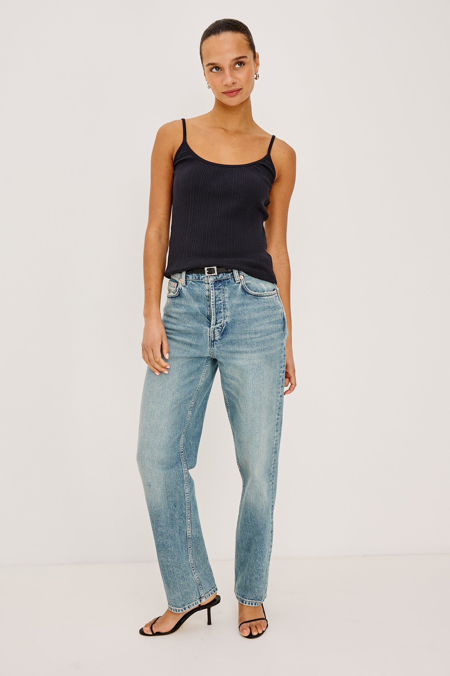 Nila Scoop Neck Fitted Tank Top With Ribbed Texture in Black Colorway - Full Body Front View Featured on Model