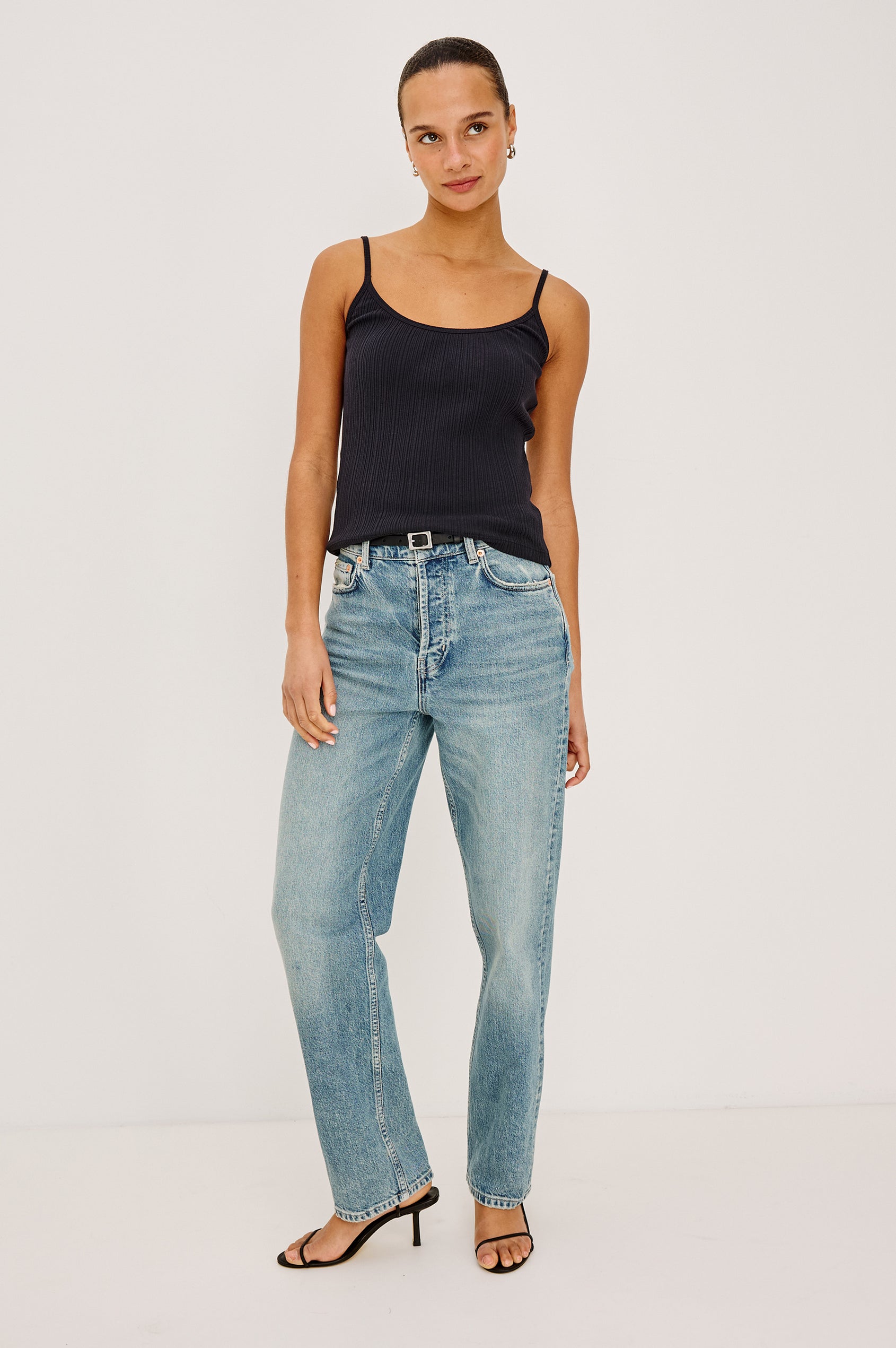 Nila Scoop Neck Fitted Tank Top With Ribbed Texture in Black Colorway - Full Body Front View Featured on Model