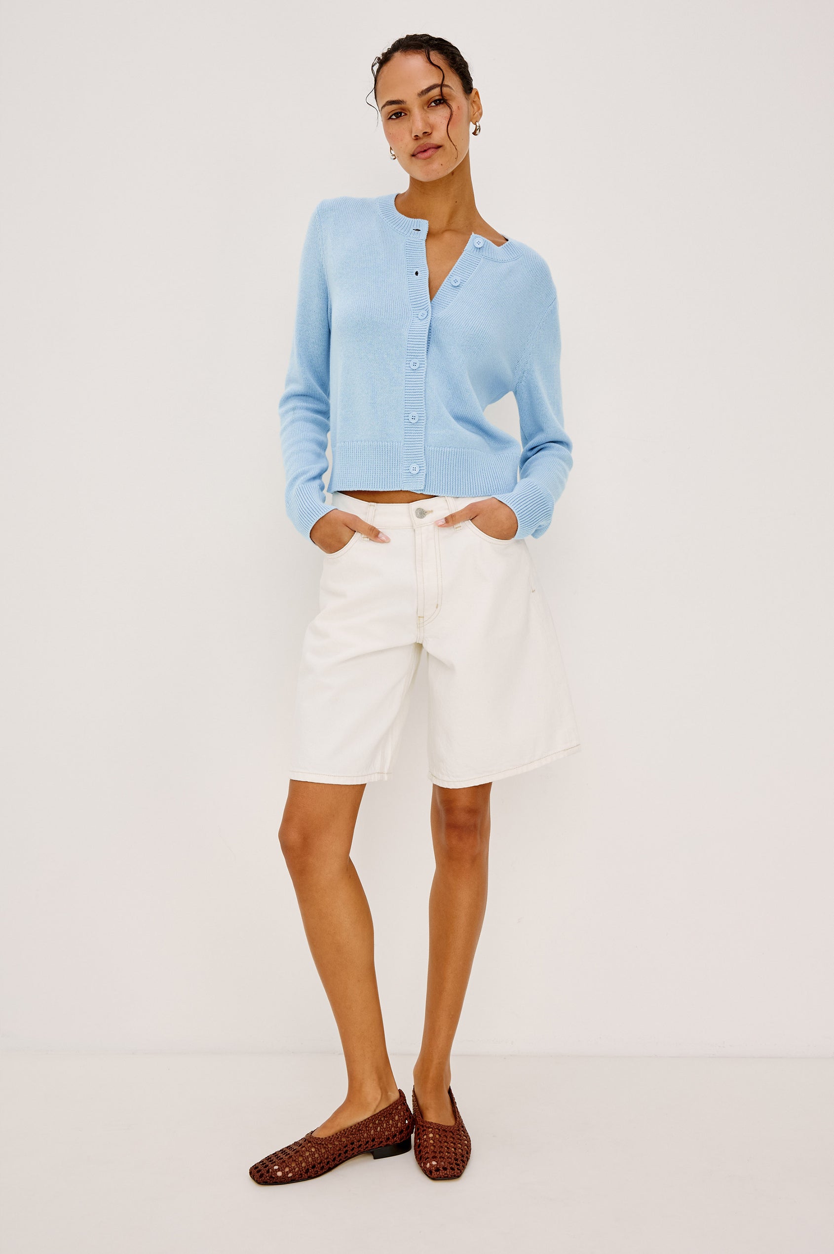 Norah Cardigan in Cotton Cashmere Blend With Crew Neck Lady Jacket Shape, Long Sleeves, Front Buttons, and Ribbed Trim in Sky Colorway - Upper Body Front View Featured on Model