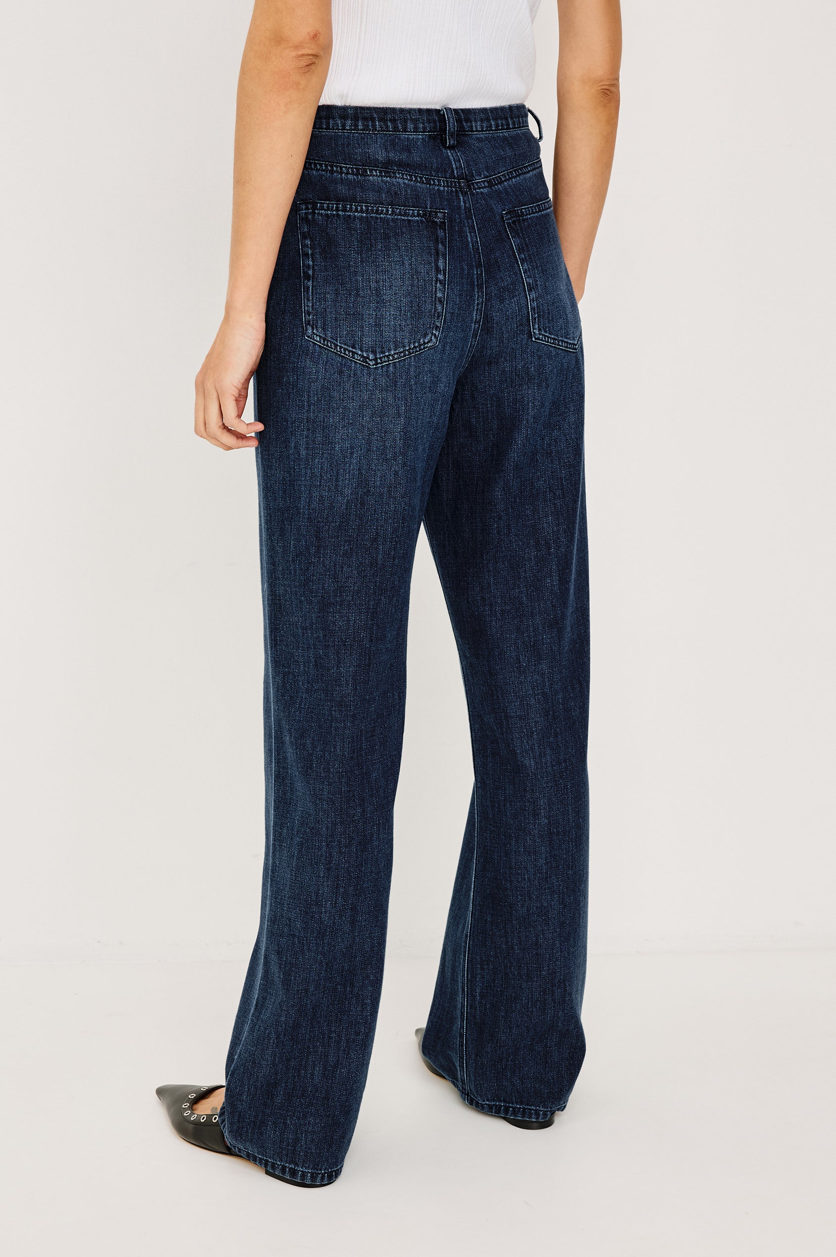 Normandie Lightweight 5-Pocket Denim Wide Leg Pant with front zipper button fly and a drawstring tie at waist in Oceana Colorway. Full Body Back View Featured on Model.