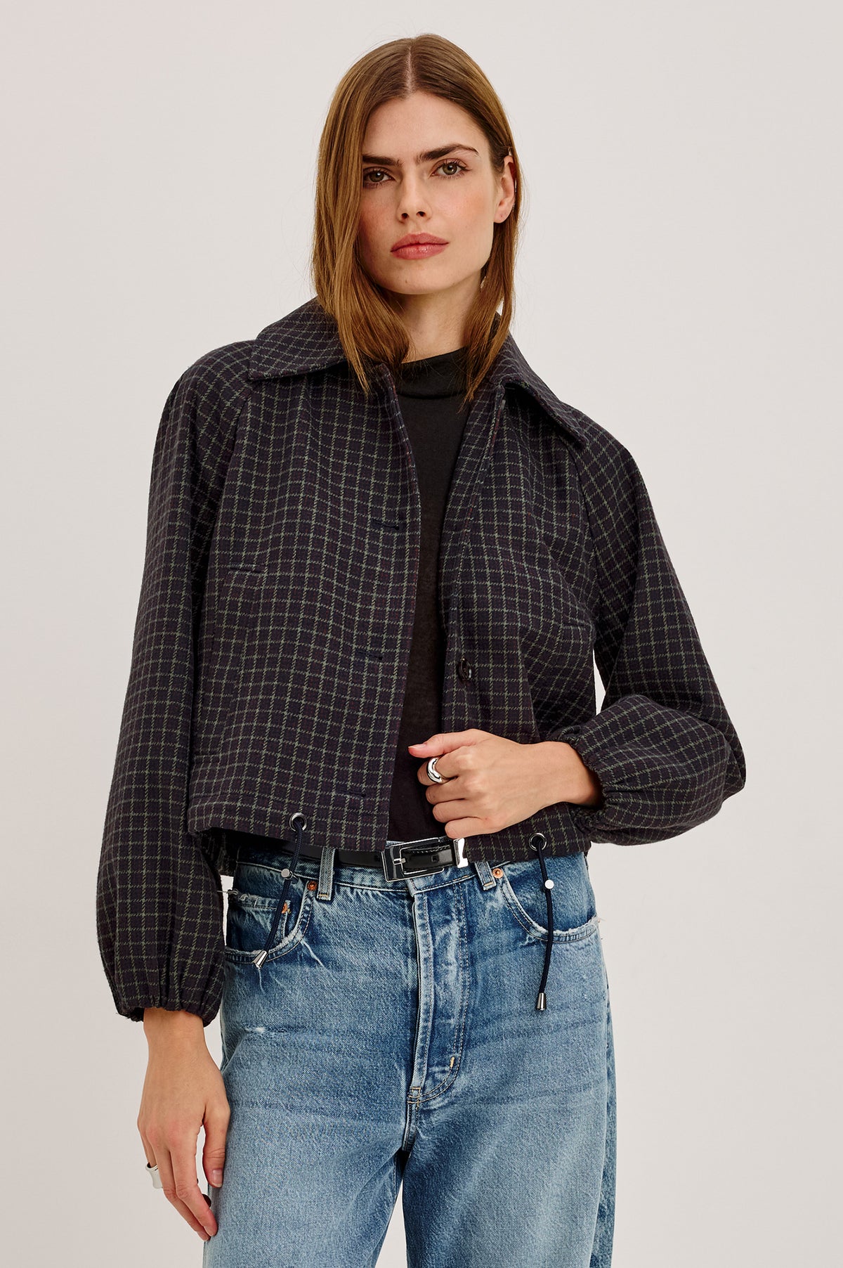 North Jacket in Wool Blend With Cropped, Boxy Fit, Drawcord Hem, Oversized Collar, Front Buttons, and Welt Pockets in Mulberry Check Colorway - Front View Featured on Model.